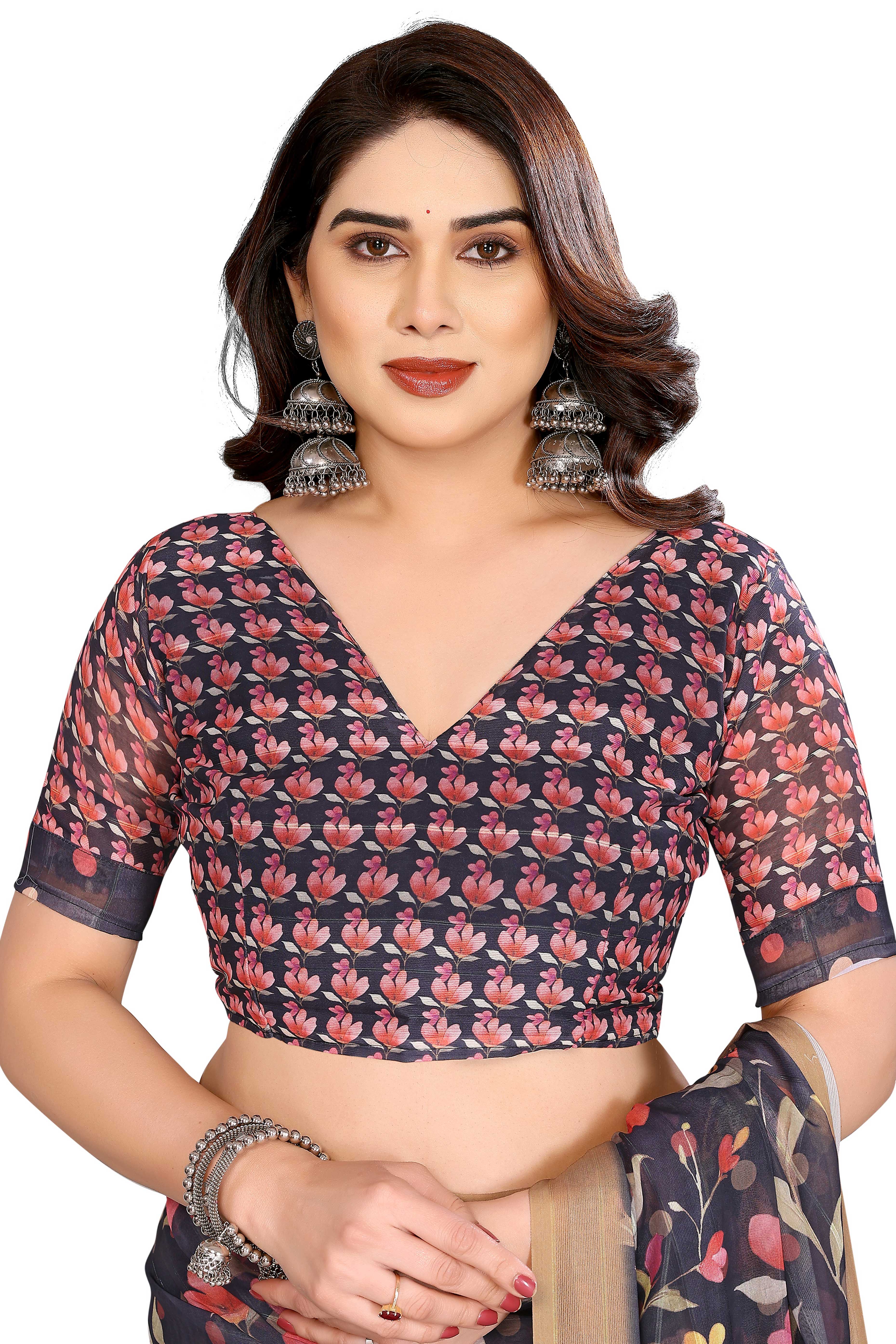 Classic Black Floral Digital Print Georgette Saree With Refined Zari & Stylish Striped