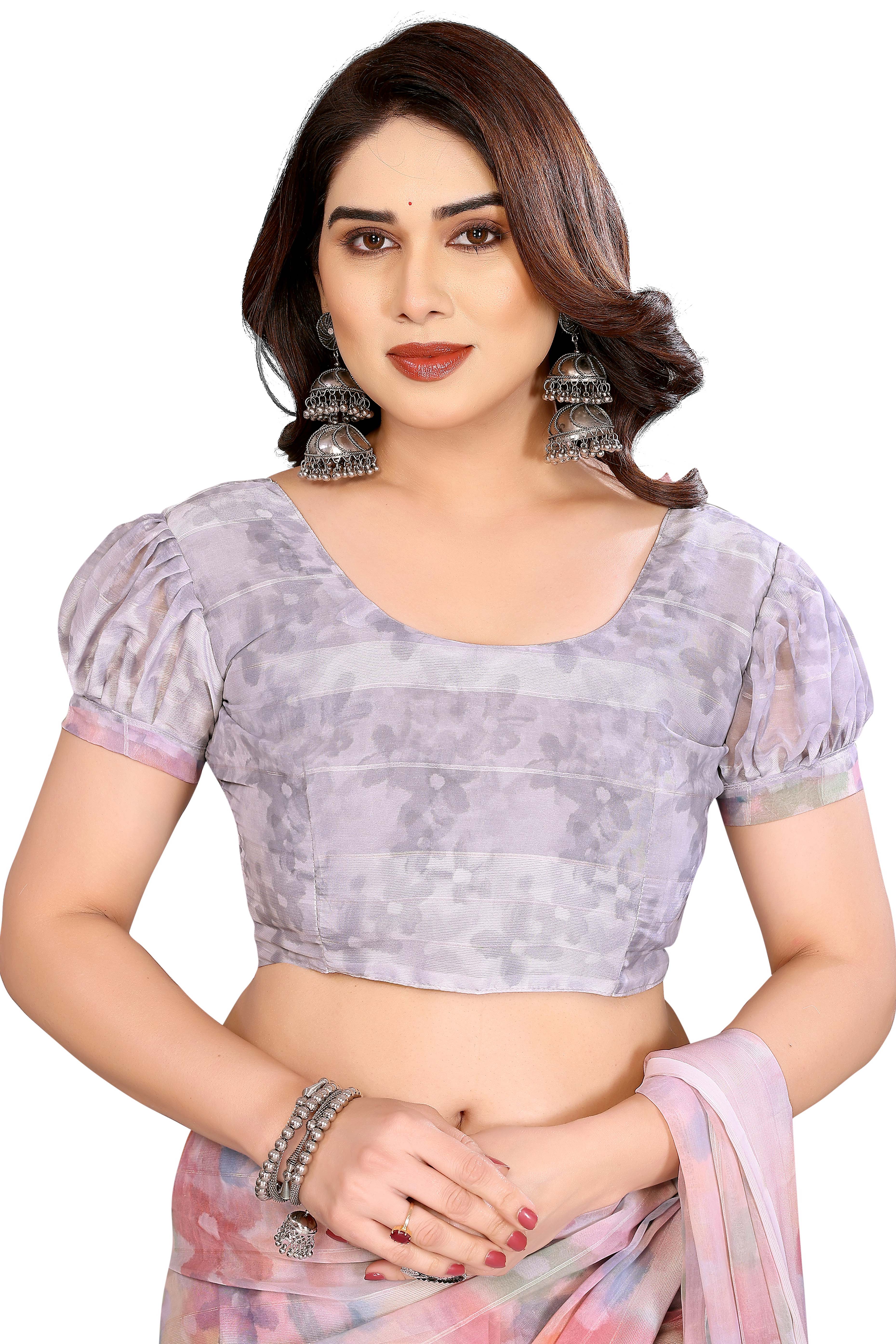 Classic Light Pink Floral Digital Print Georgette Saree With Refined Zari & Stylish Striped