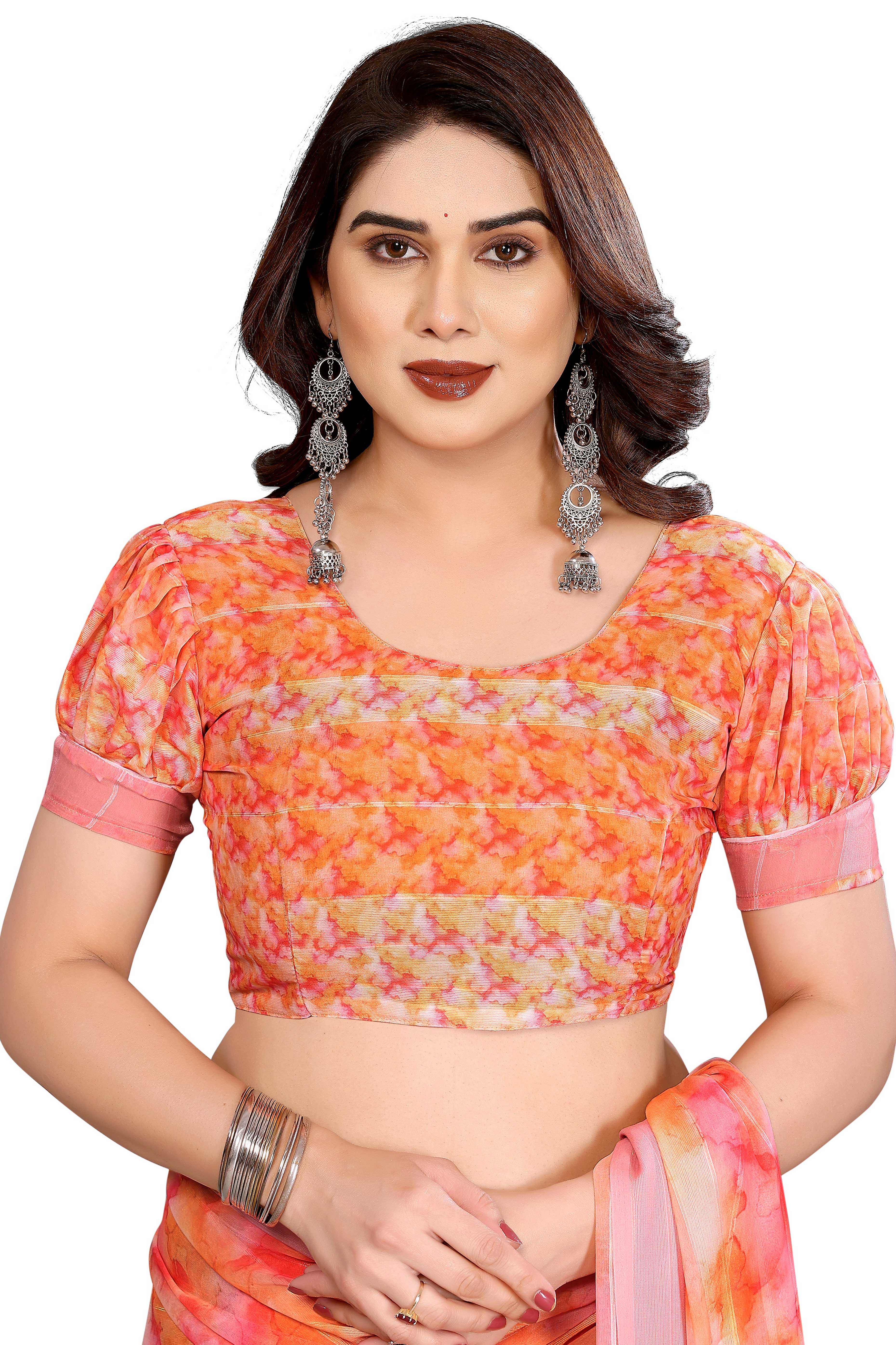 Classic Orange Digital Print Georgette Saree With Refined Zari & Stylish Striped