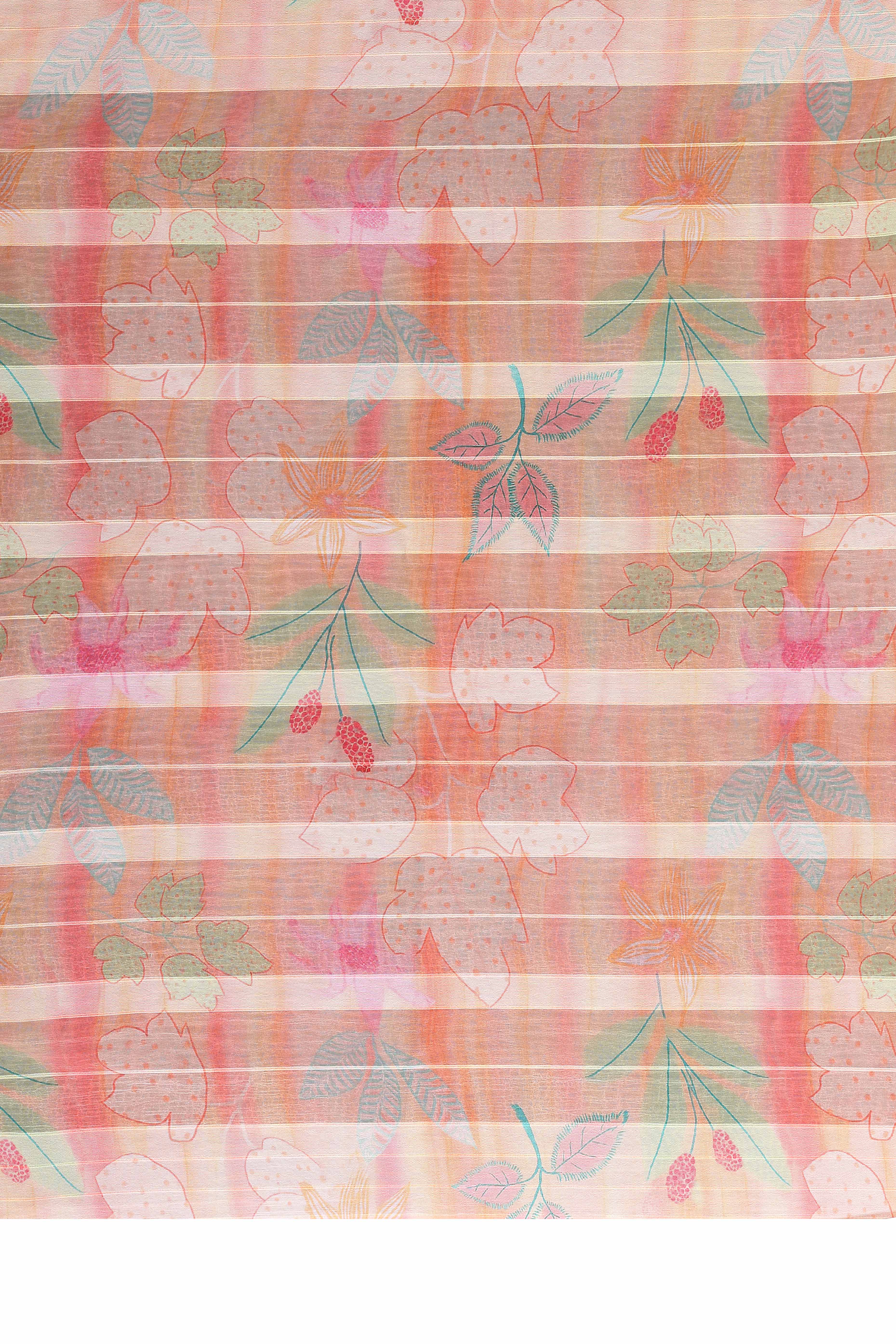 Classic Peach Floral Digital Print Georgette Saree With Refined Zari & Stylish Striped