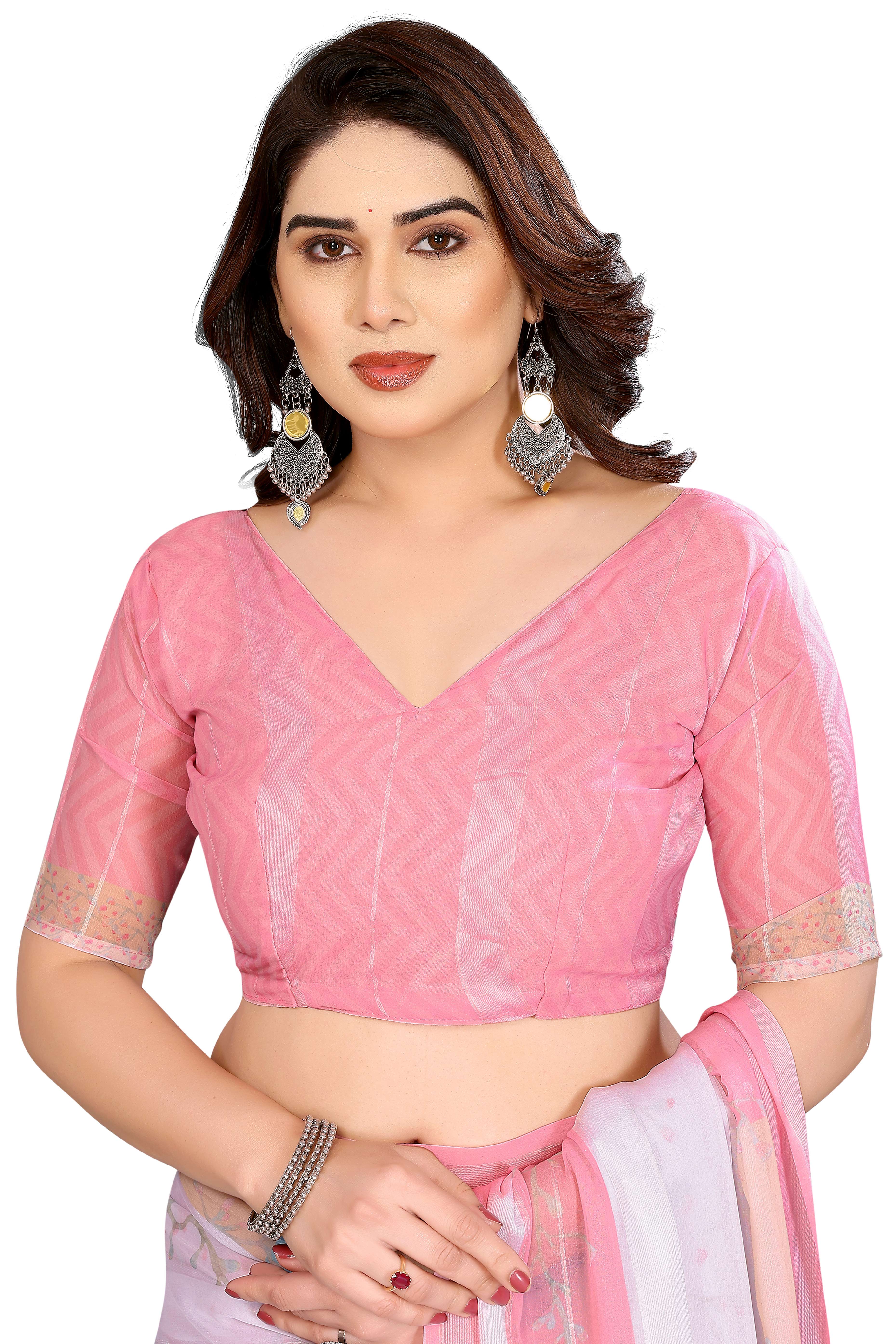 Classic White Floral Digital Print Georgette Saree With Refined Zari & Stylish Striped