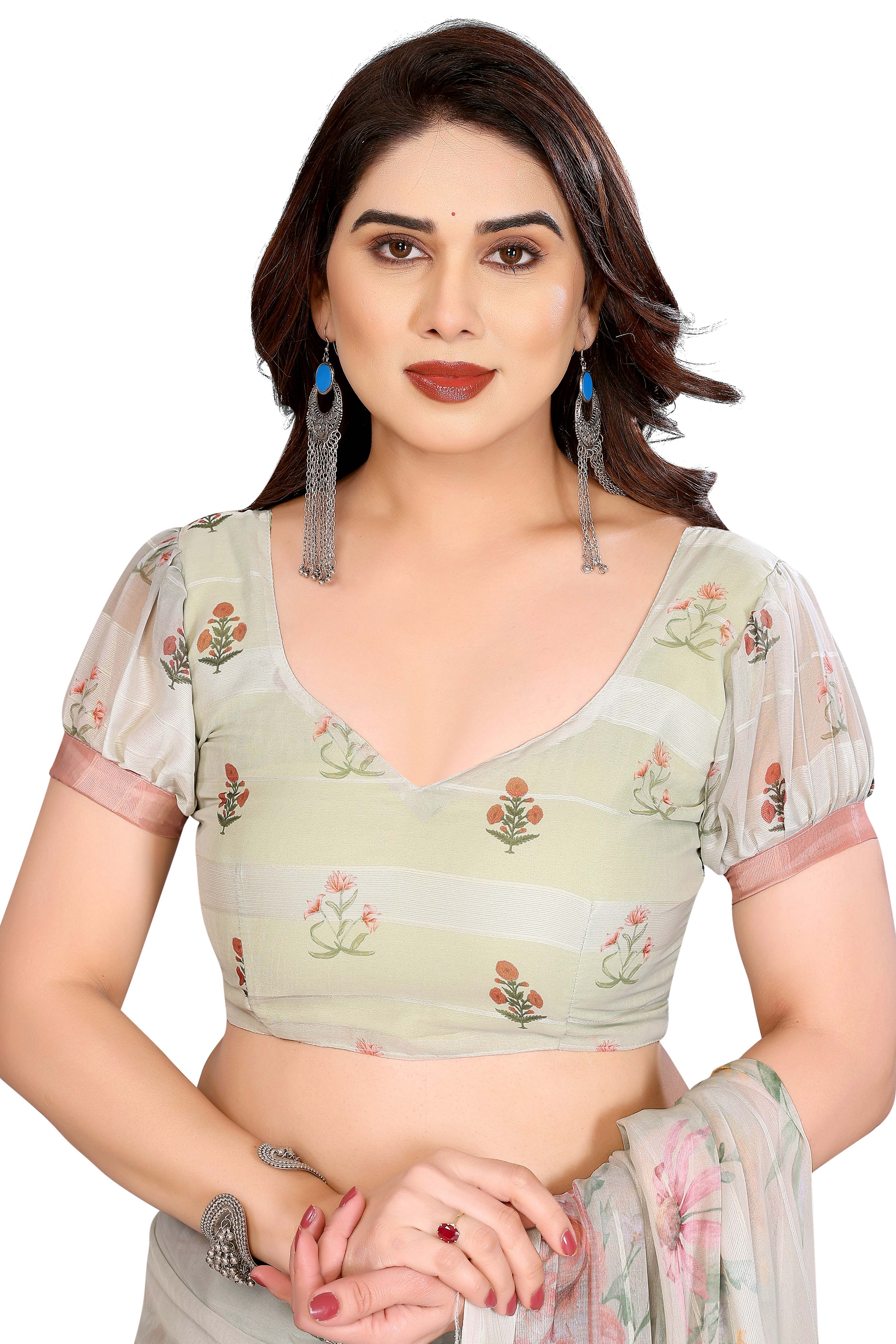 Premium Offwhite Floral Digital Printed Georgette Saree Featuring Delicate Zari & Bright Striped