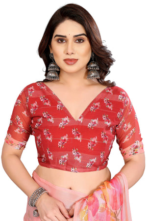 Premium Peach Floral Digital Printed Georgette Saree Featuring Delicate Zari & Bright Striped