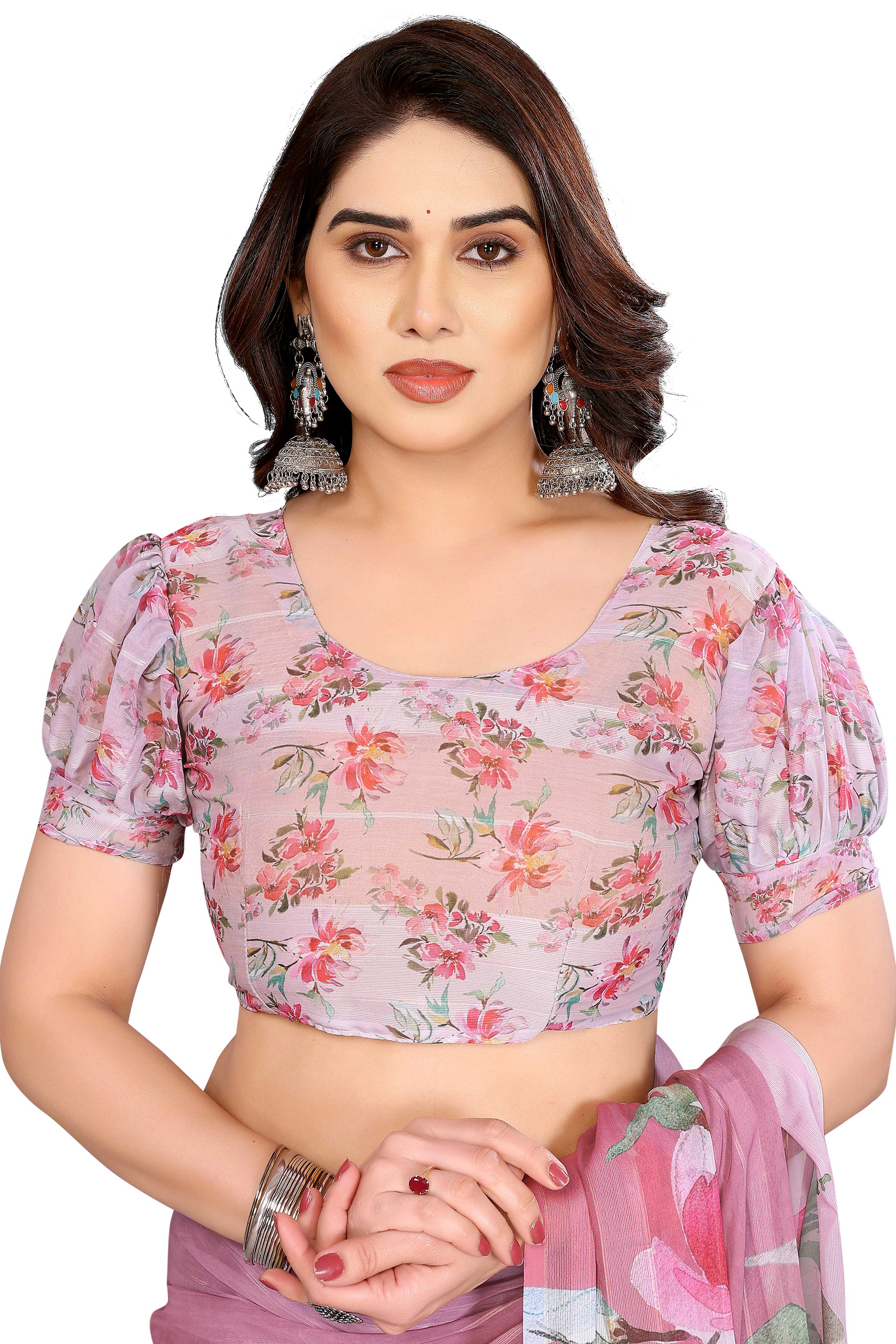 Premium Pink Floral Digital Printed Georgette Saree Featuring Delicate Zari & Bright Striped