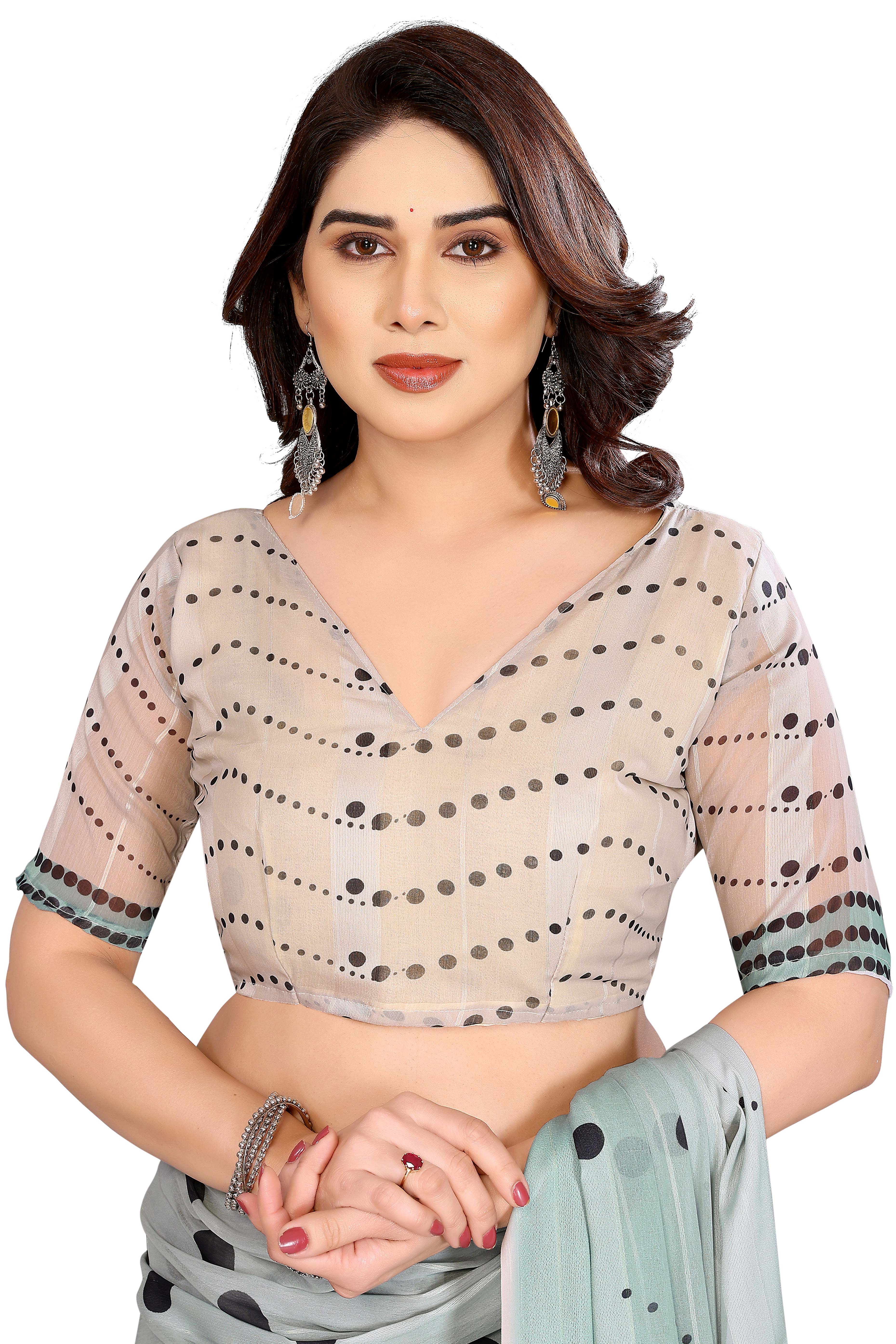 Premium Mint Green Polka Digital Printed Georgette Saree Featuring Delicate Zari & Bright Striped