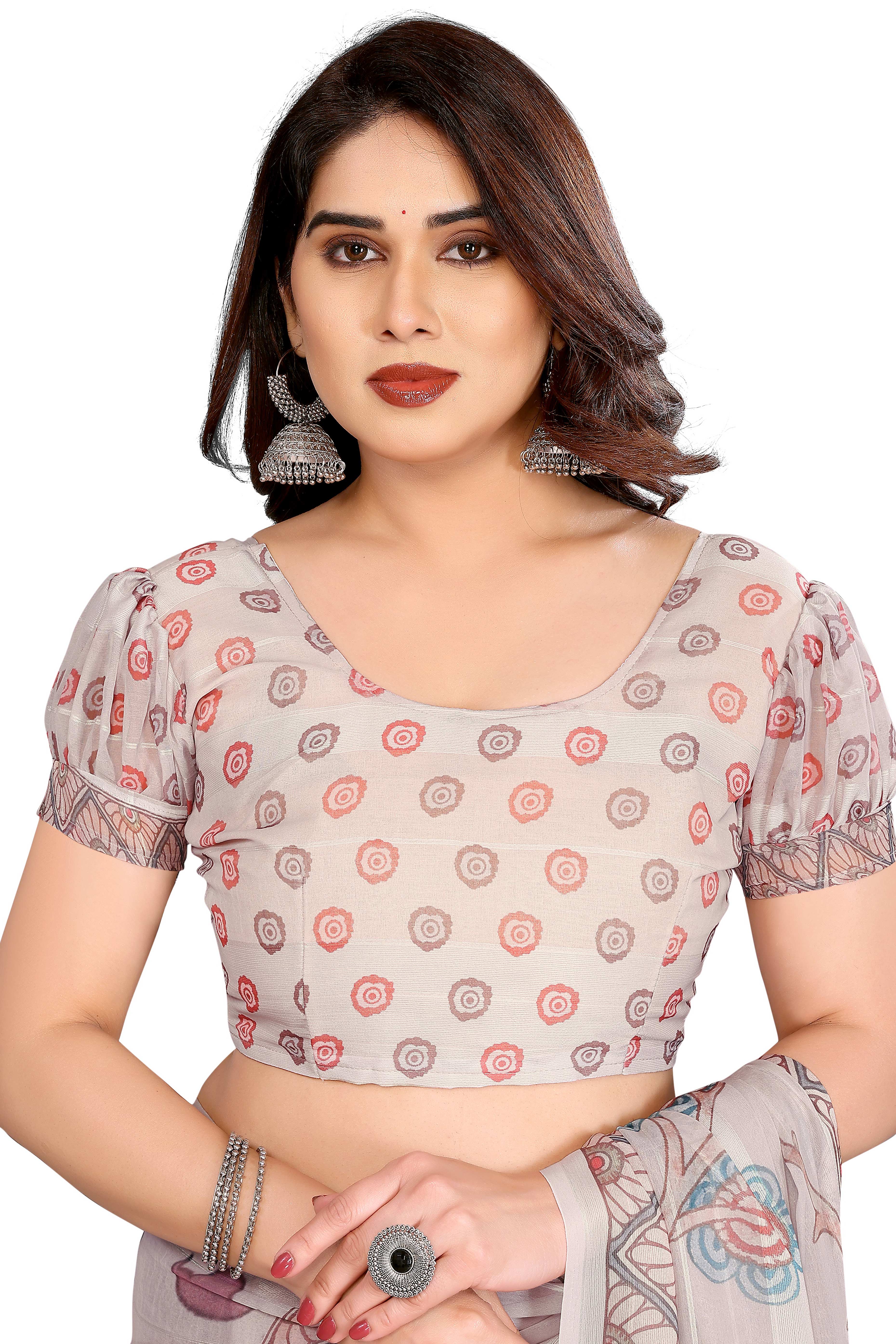 Luxury Beige Floral Digital Print Georgette Saree With Subtle Zari Highlights & Vibrant Striped