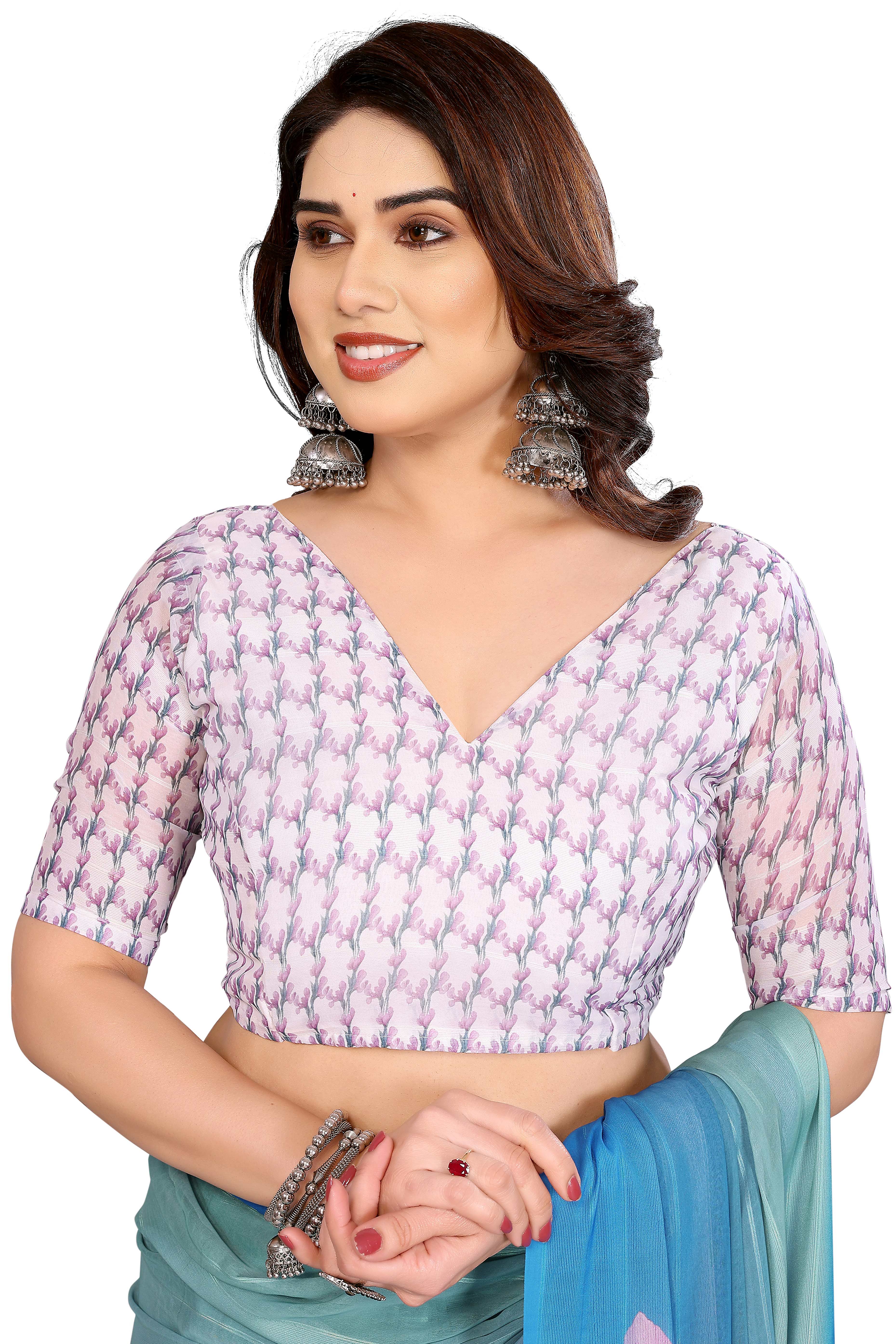 Luxury Blue Floral Digital Print Georgette Saree With Subtle Zari Highlights & Vibrant Striped