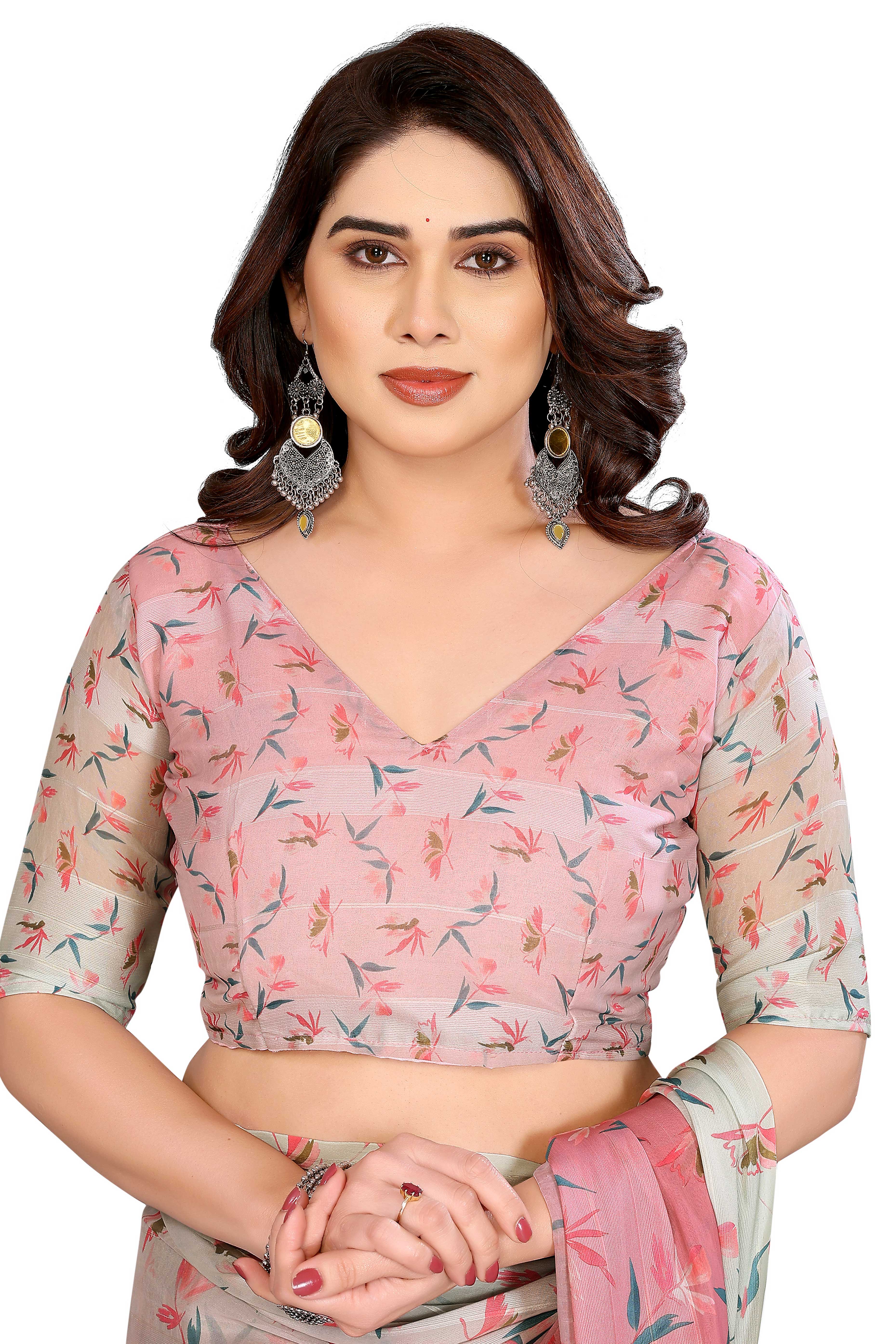 Luxury Pink & Beige Floral Digital Print Georgette Saree With Zari Highlights & Vibrant Striped