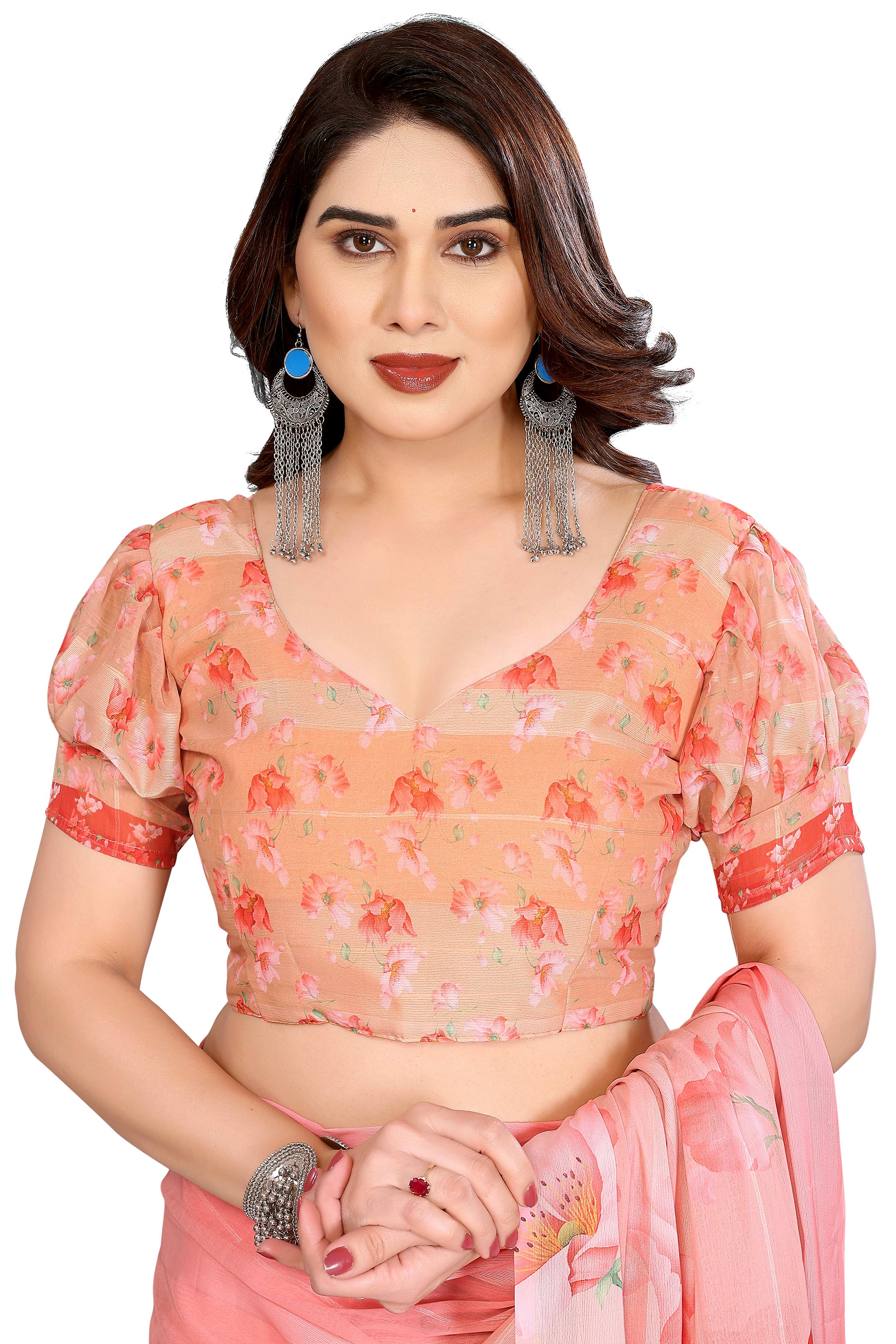 Luxury Peach Floral Digital Print Georgette Saree With Subtle Zari Highlights & Vibrant Striped