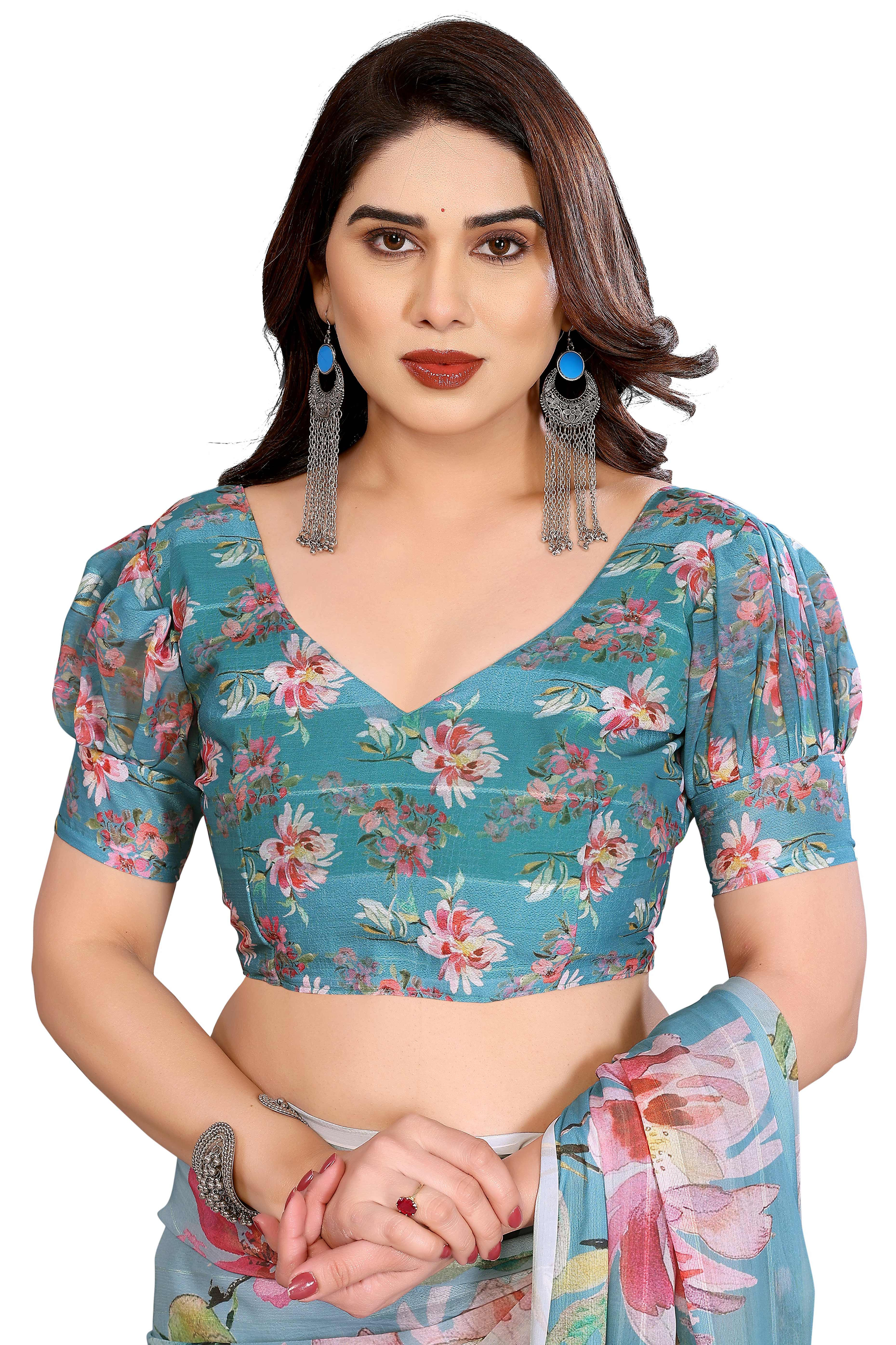 Luxury Blue Floral Digital Print Georgette Saree With Subtle Zari Highlights & Vibrant Striped