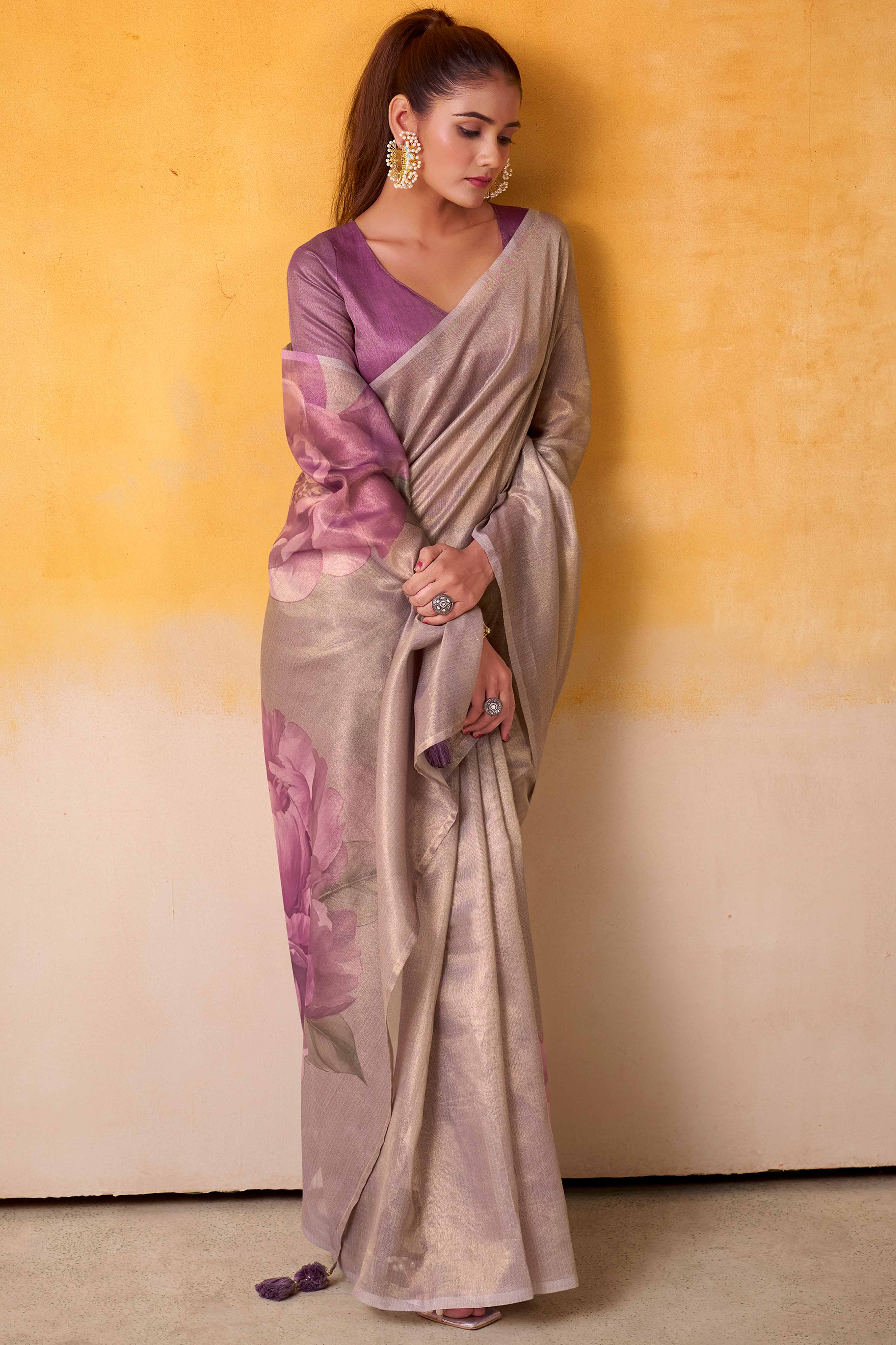 Sophisticated Light Lavender Floral Digital Print Tissue Saree Enhanced With Handmade Tassels
