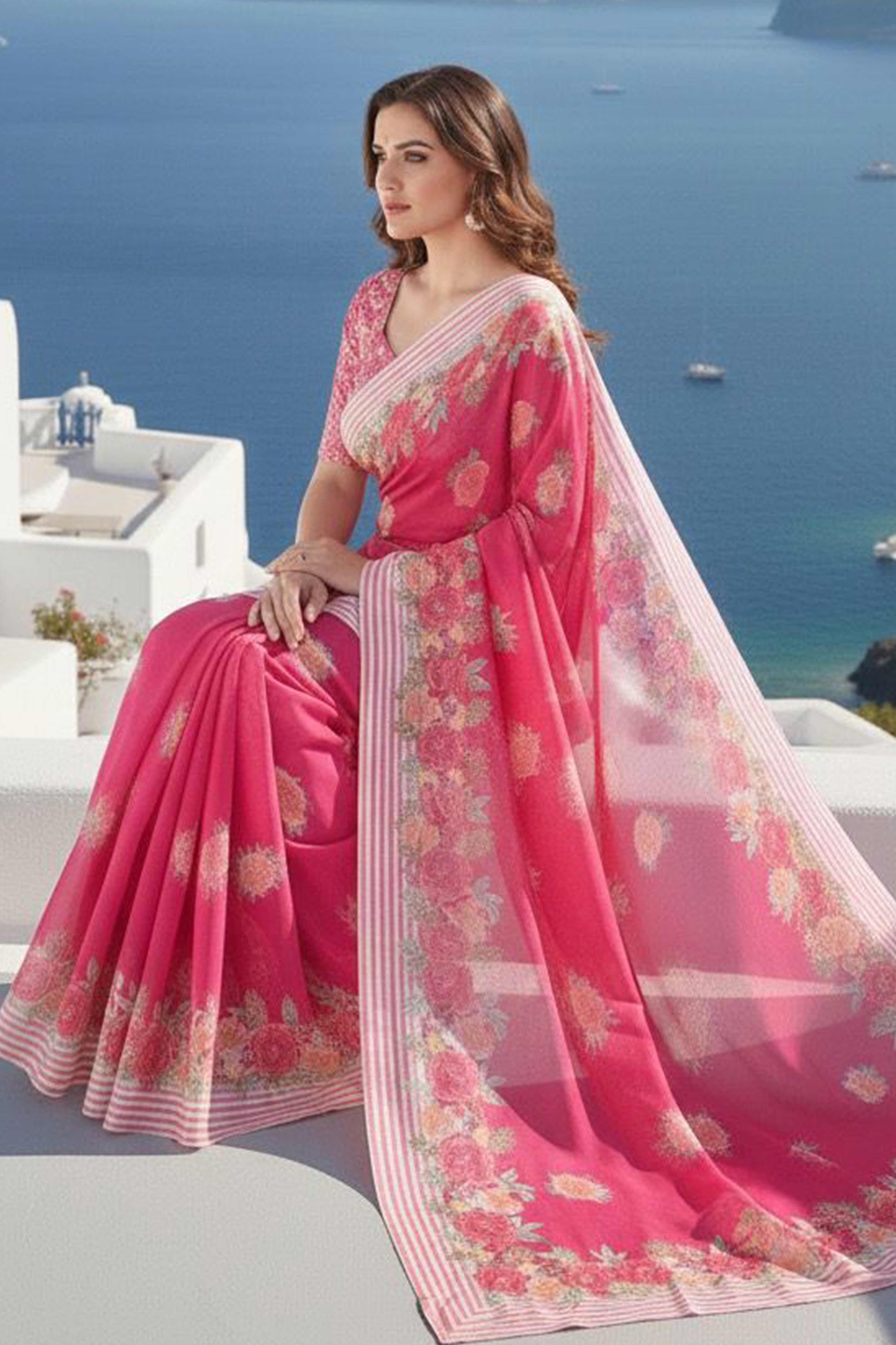 Vibrant Rani Pink Georgette Saree Adorned with Floral Digital Print & Satin Border