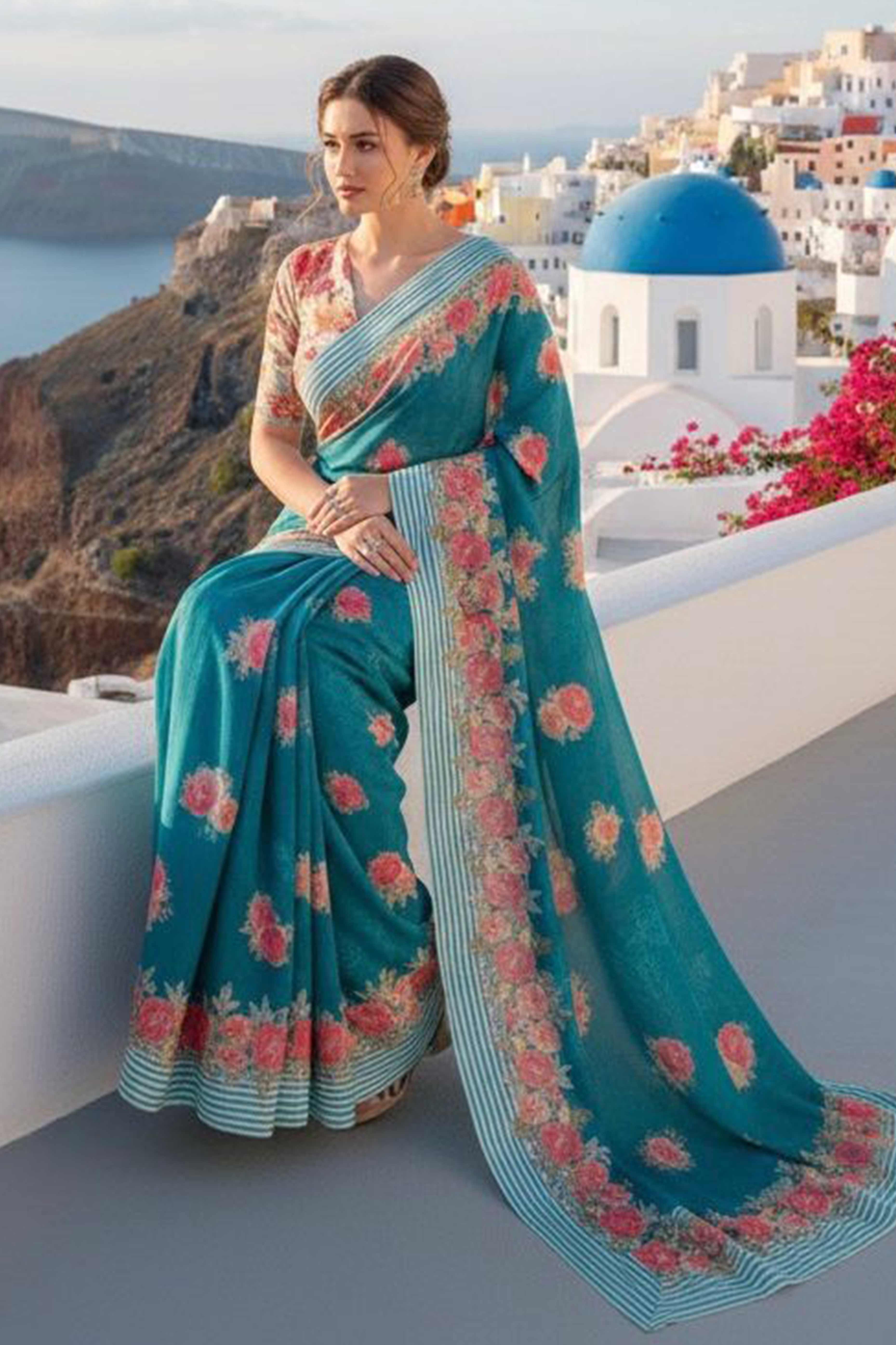 Vibrant Teal Georgette Saree Adorned with Floral Digital Print & Satin Border