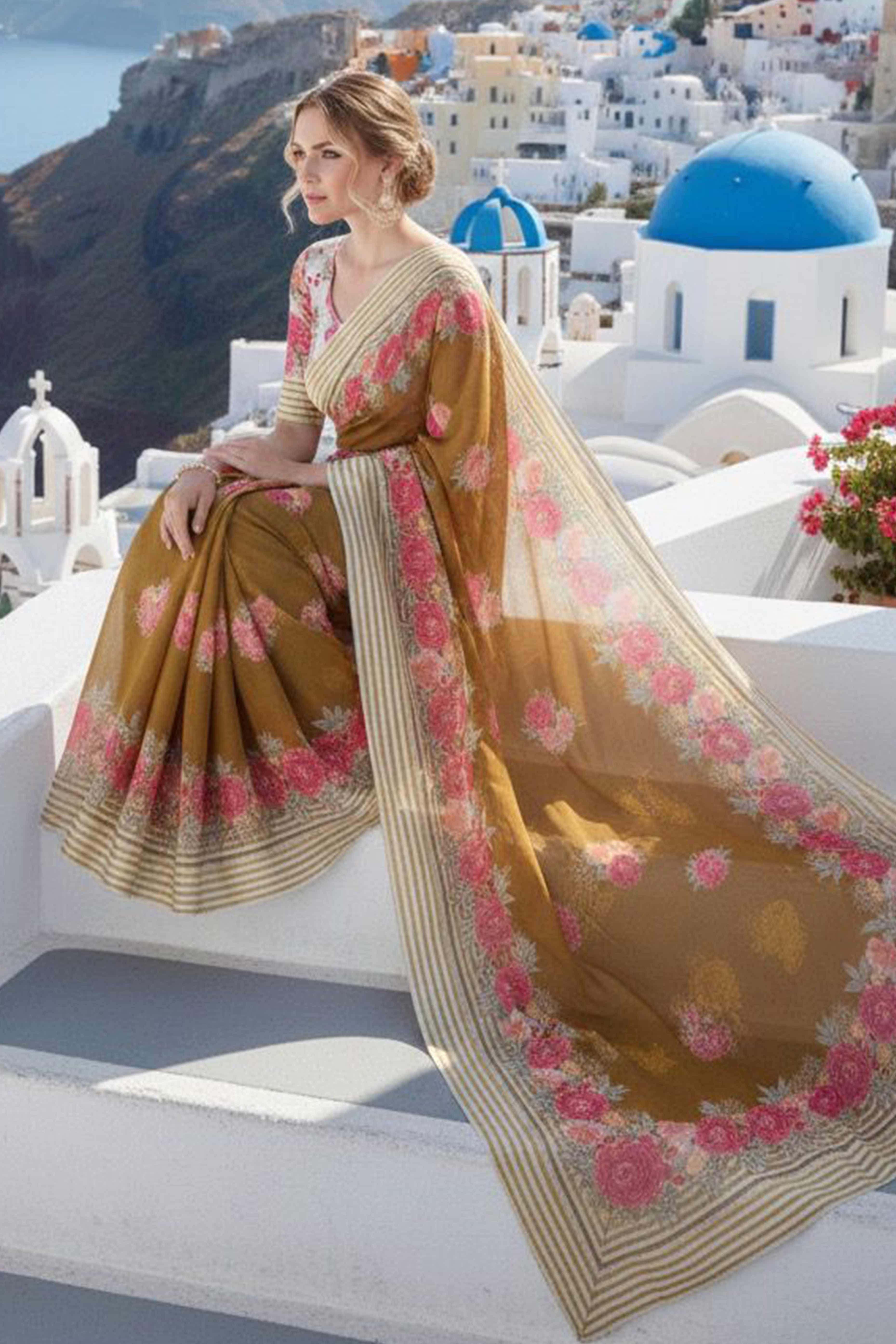 Vibrant Dark Mustard Georgette Saree Adorned with Floral Digital Print & Satin Border