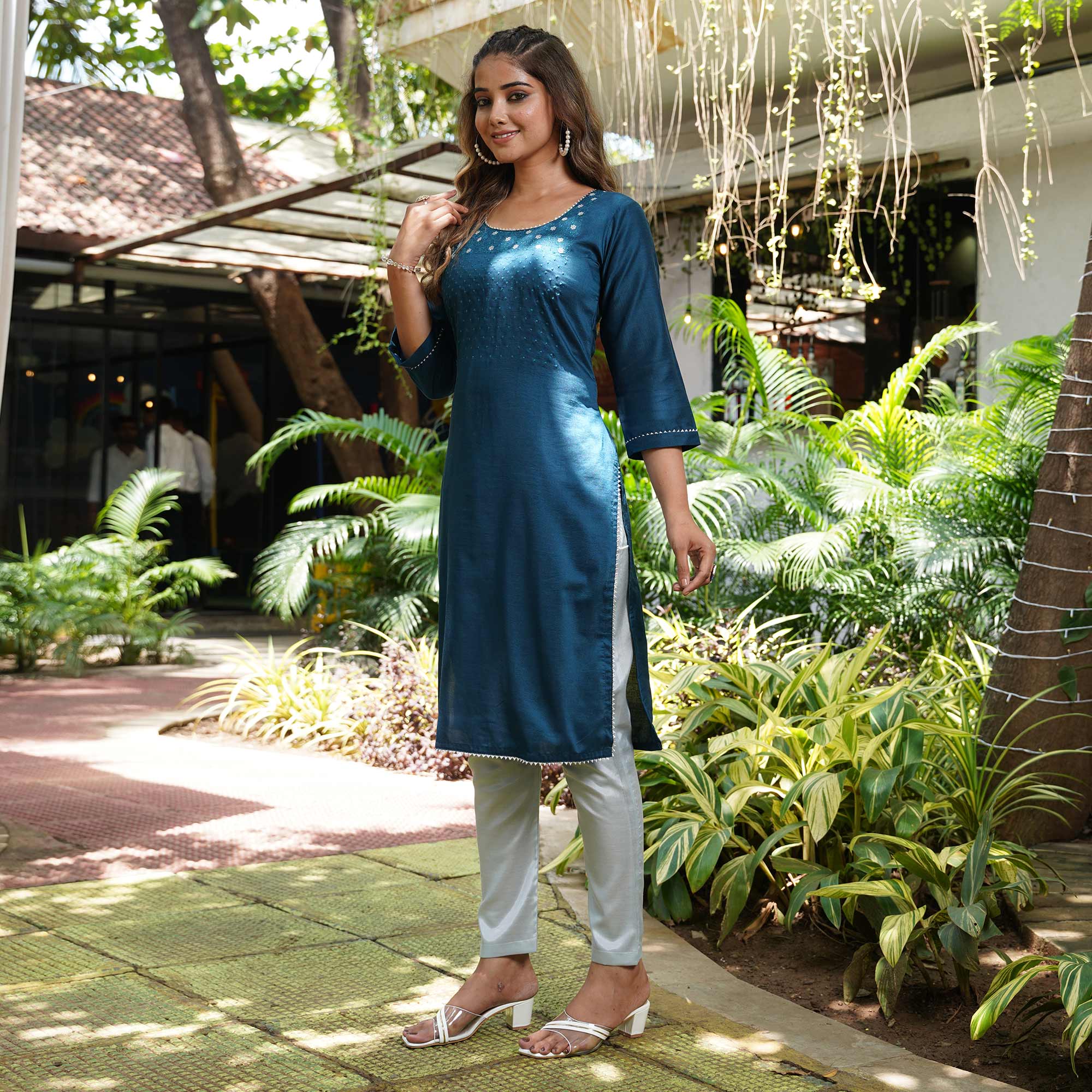 Blue Floral Embroidered Cotton Silk Salwar Suit