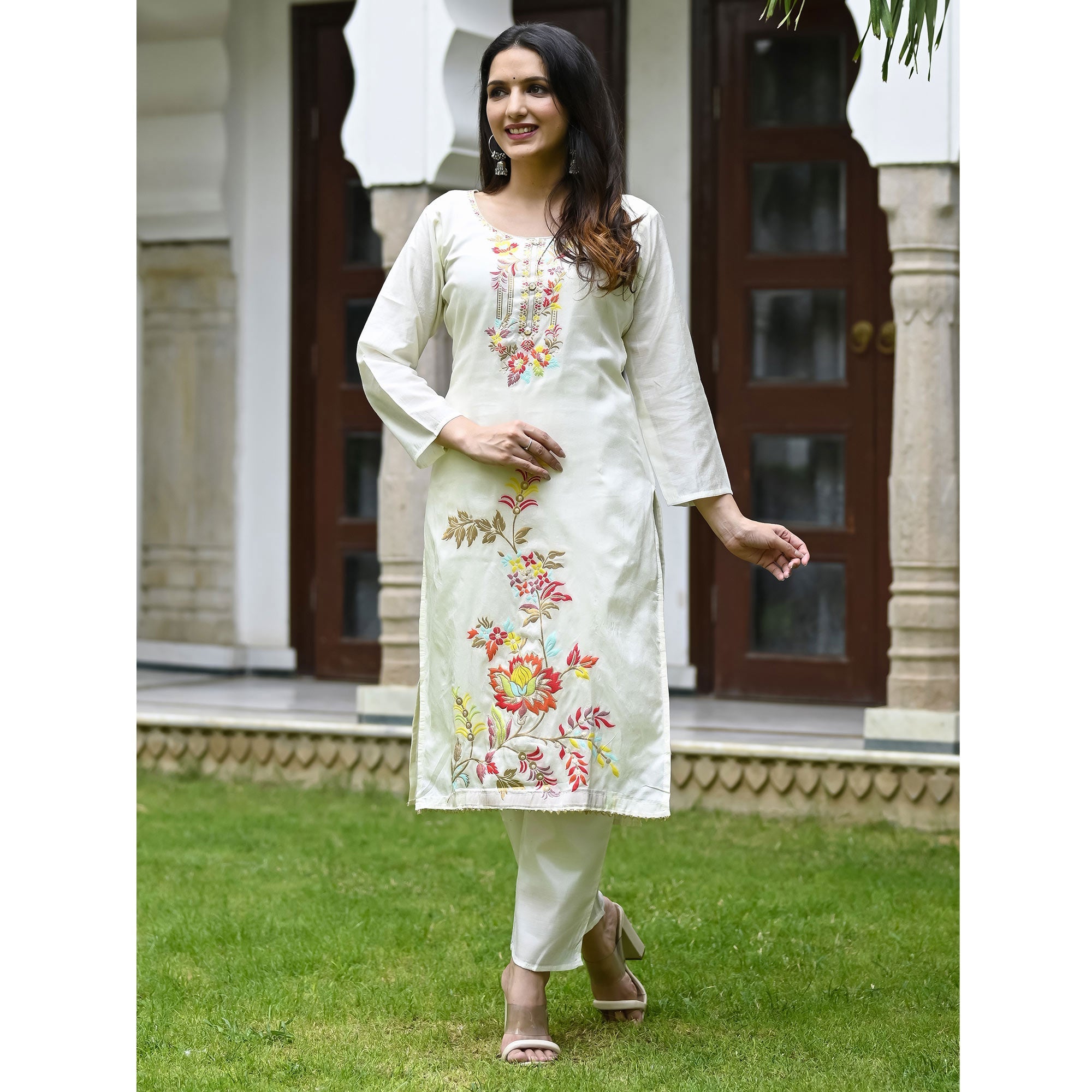 White Floral Woven Dola Silk Salwar Suit