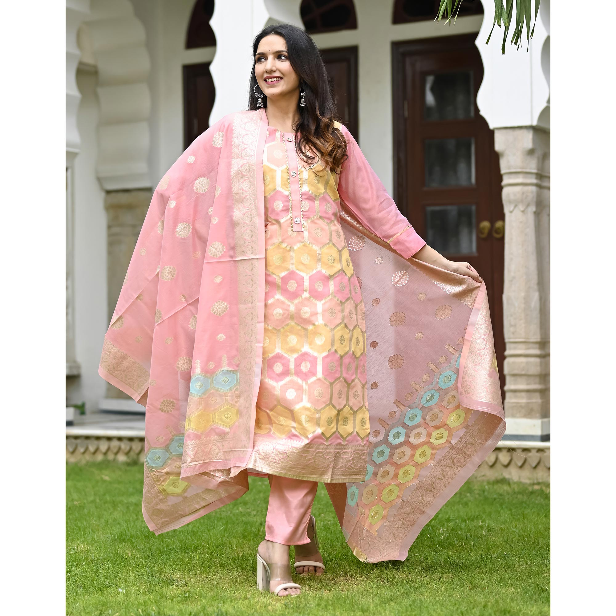 Pink Woven Banarasi Silk Salwar Suit