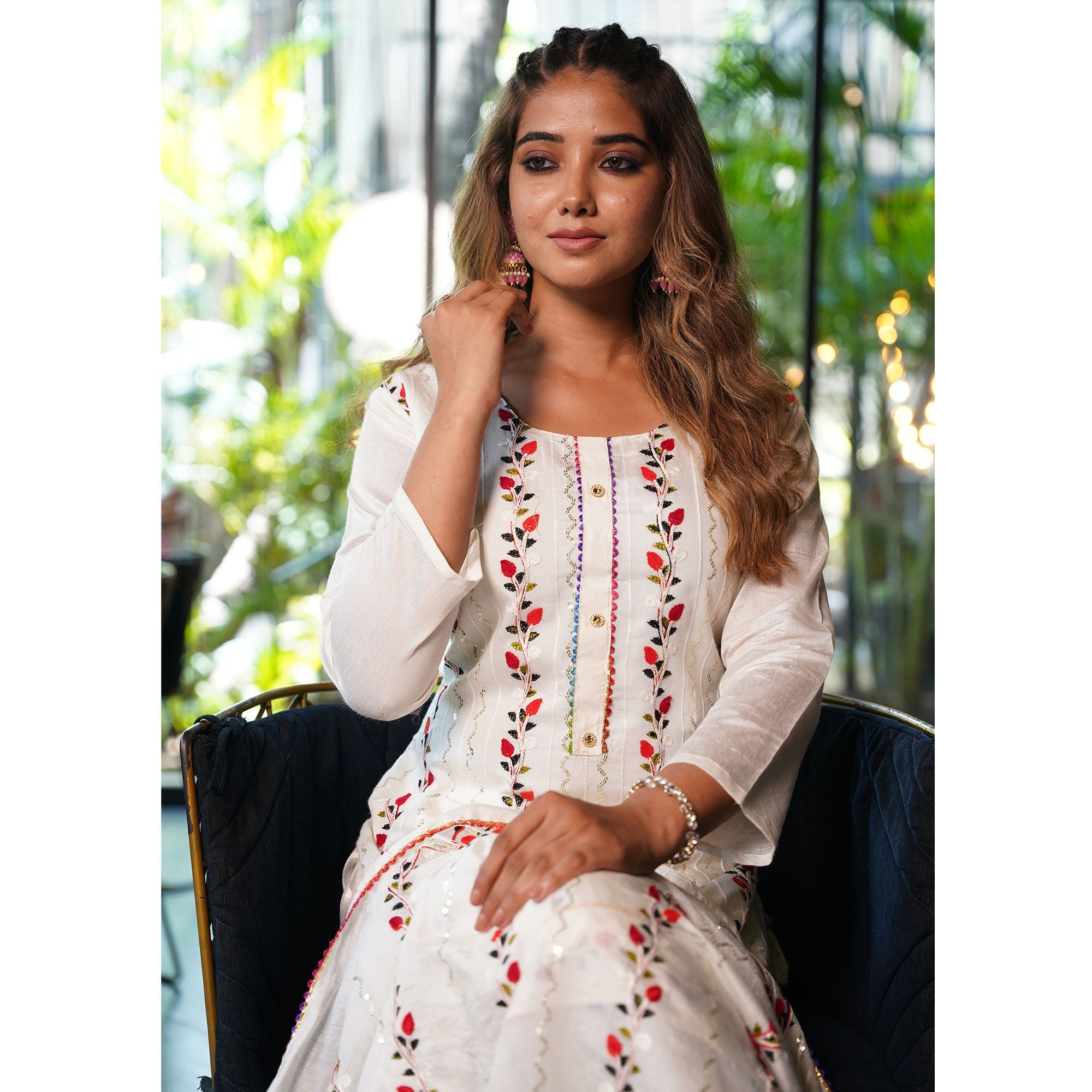 White Sequins Embroidered Chanderi Dress Material