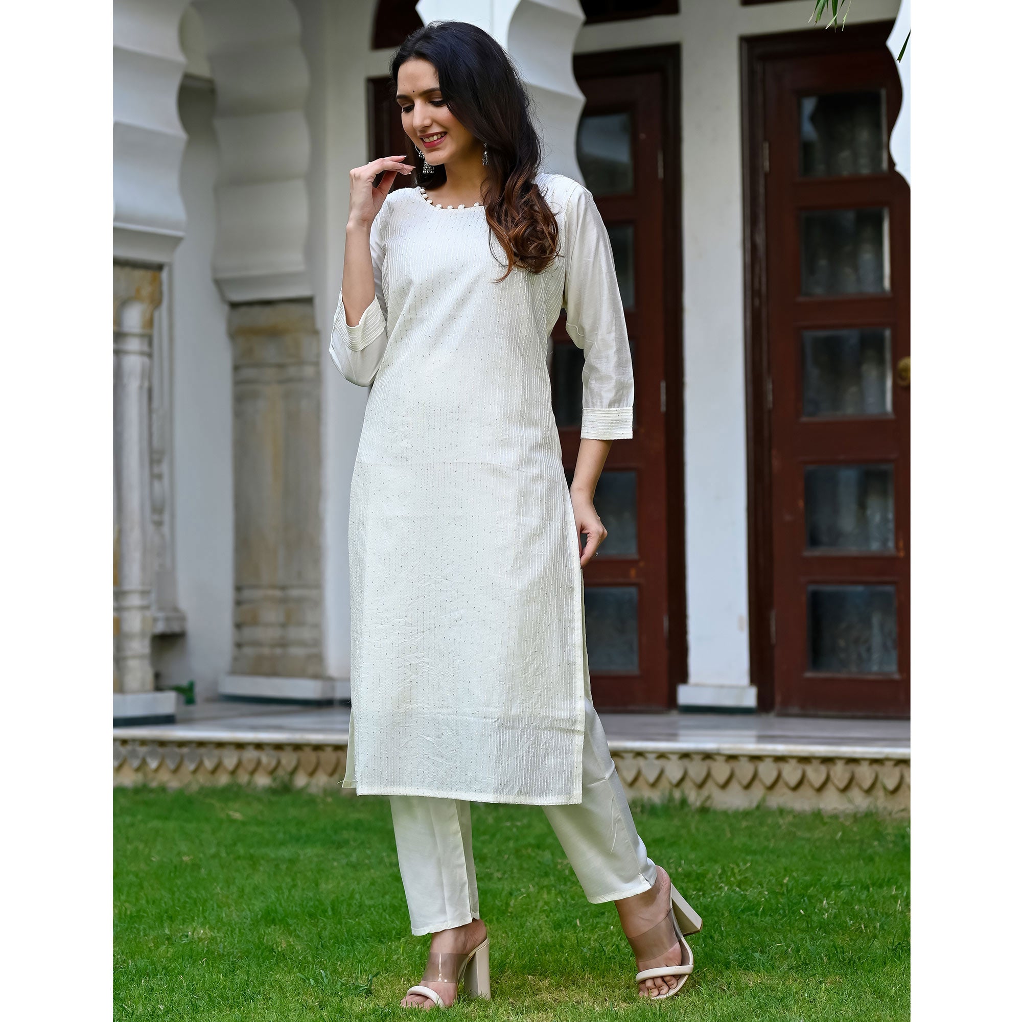 Off white Sequins Embroidered Cotton Salwar Suit