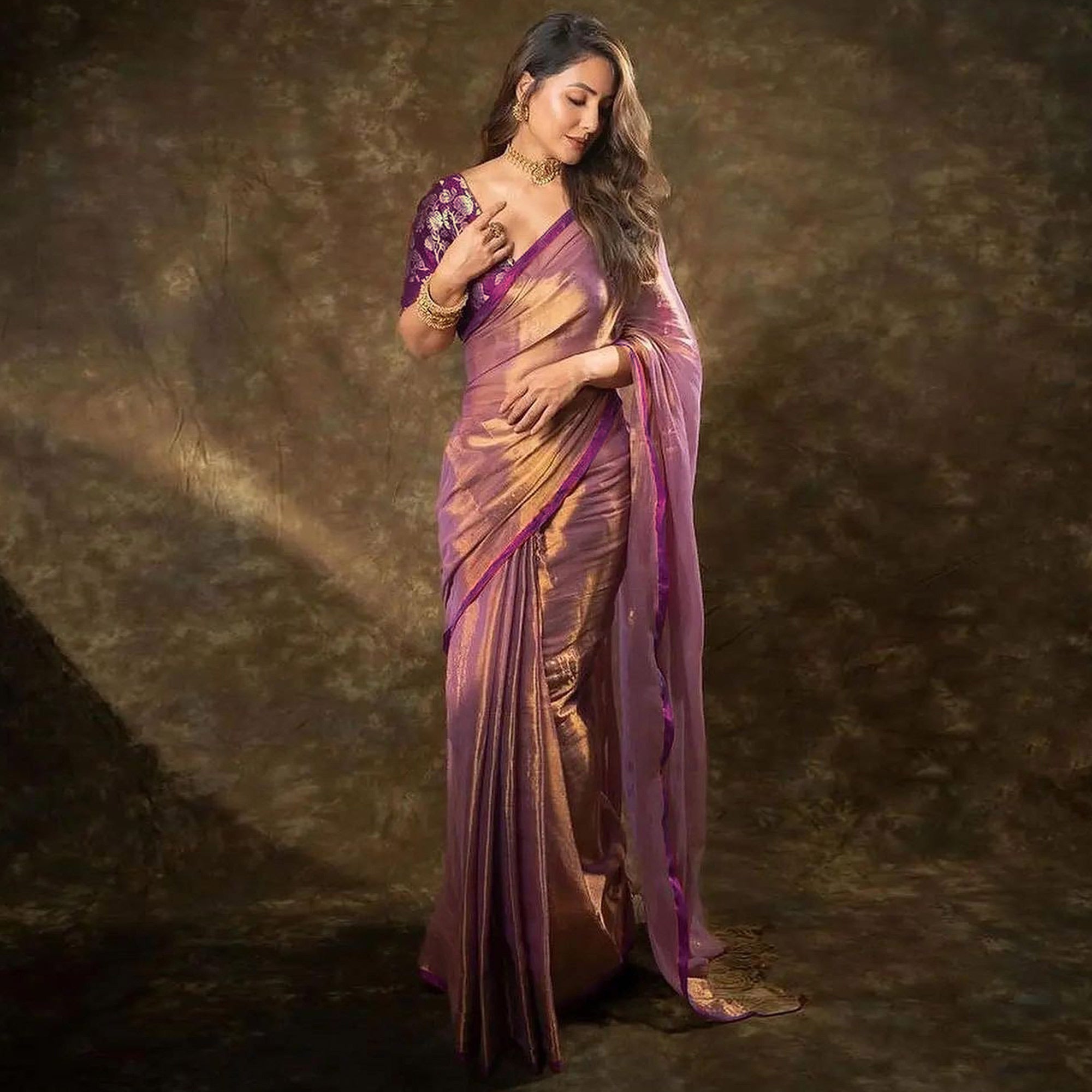 Purple Solid Net Silk Saree