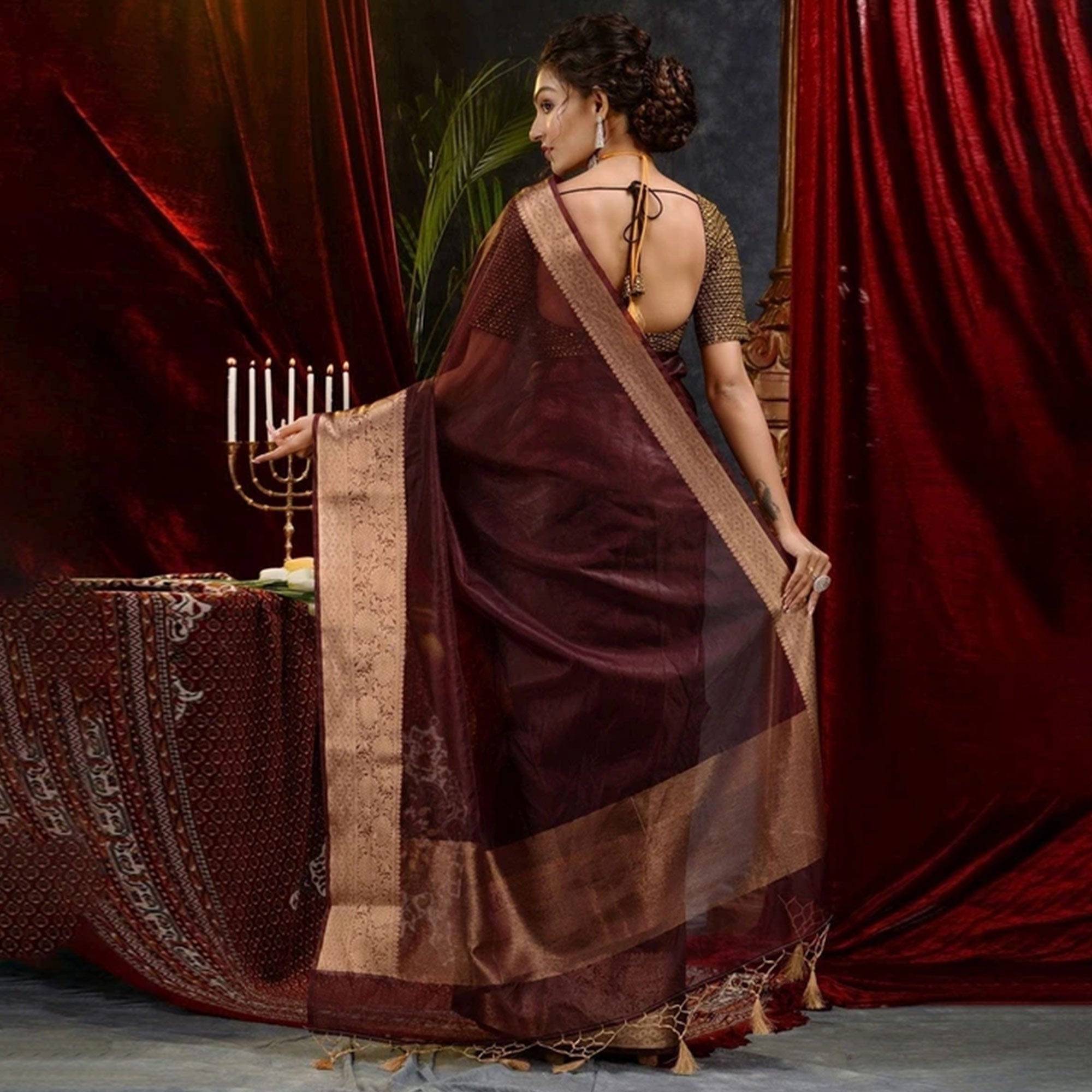 Dark Maroon Solid Organza Saree With Zari Border