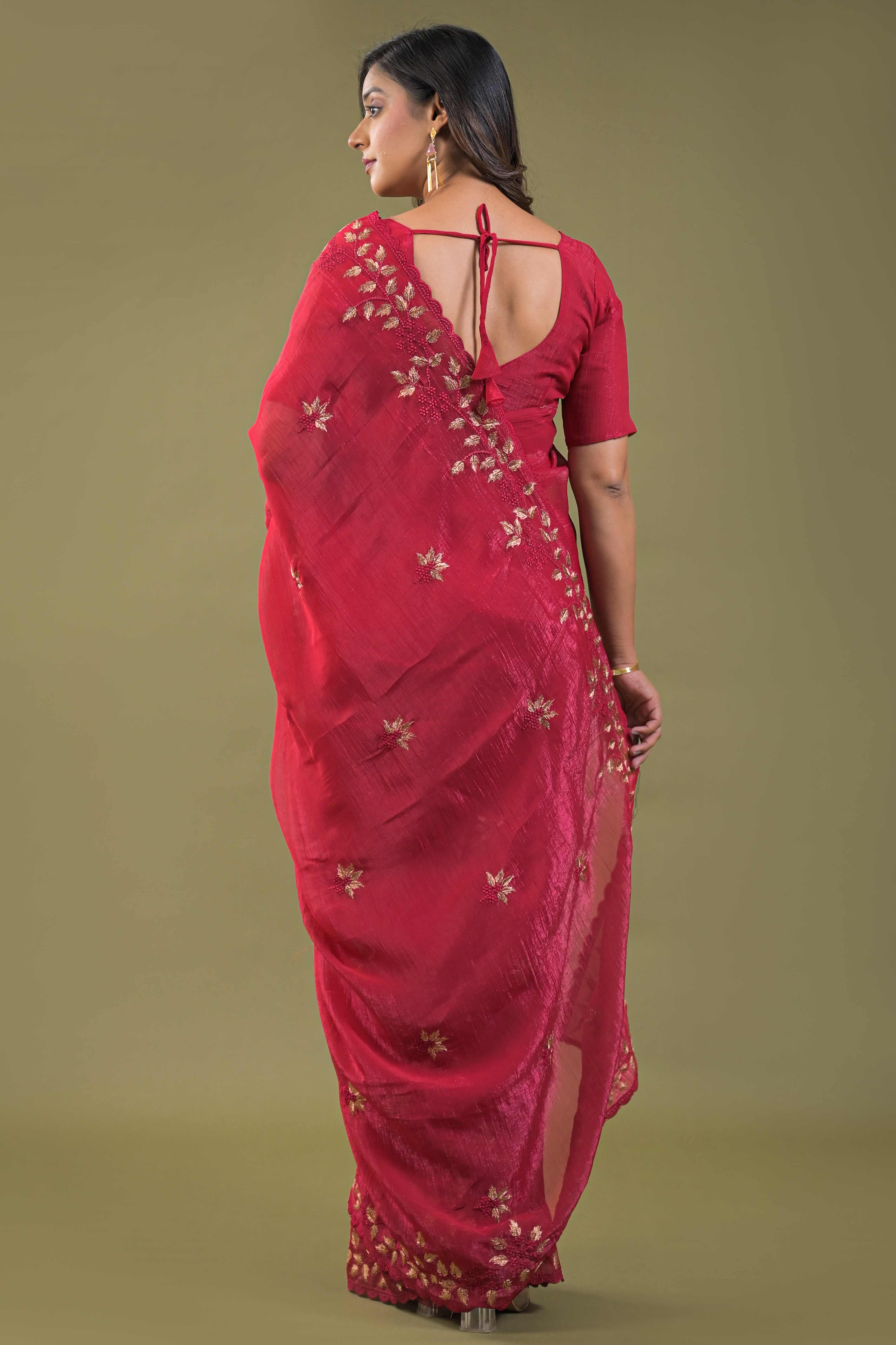Dark Pink Sheer Organza Saree Adorned with Floral Embroidery