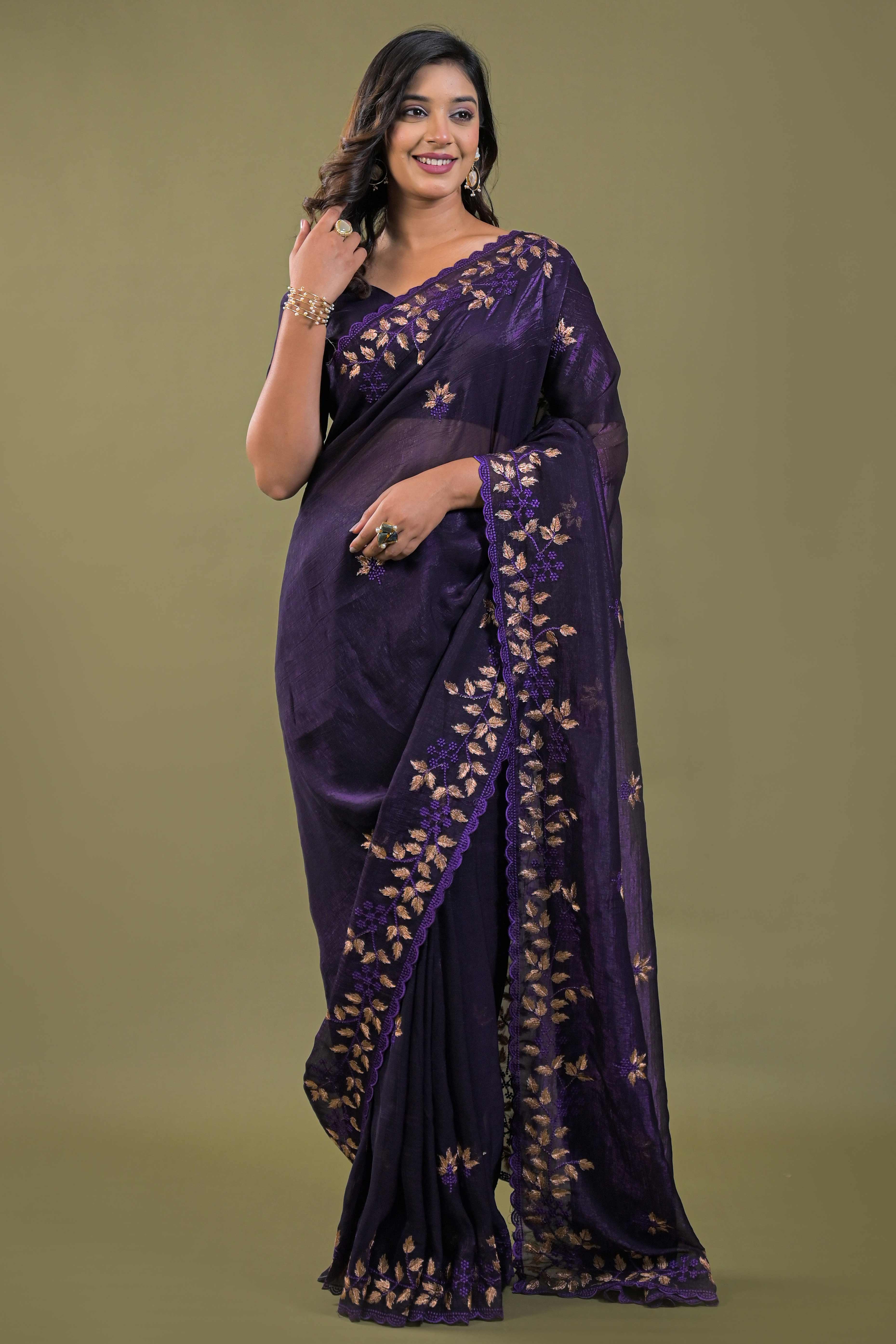 Dark Purple Sheer Organza Saree Adorned with Floral Embroidery
