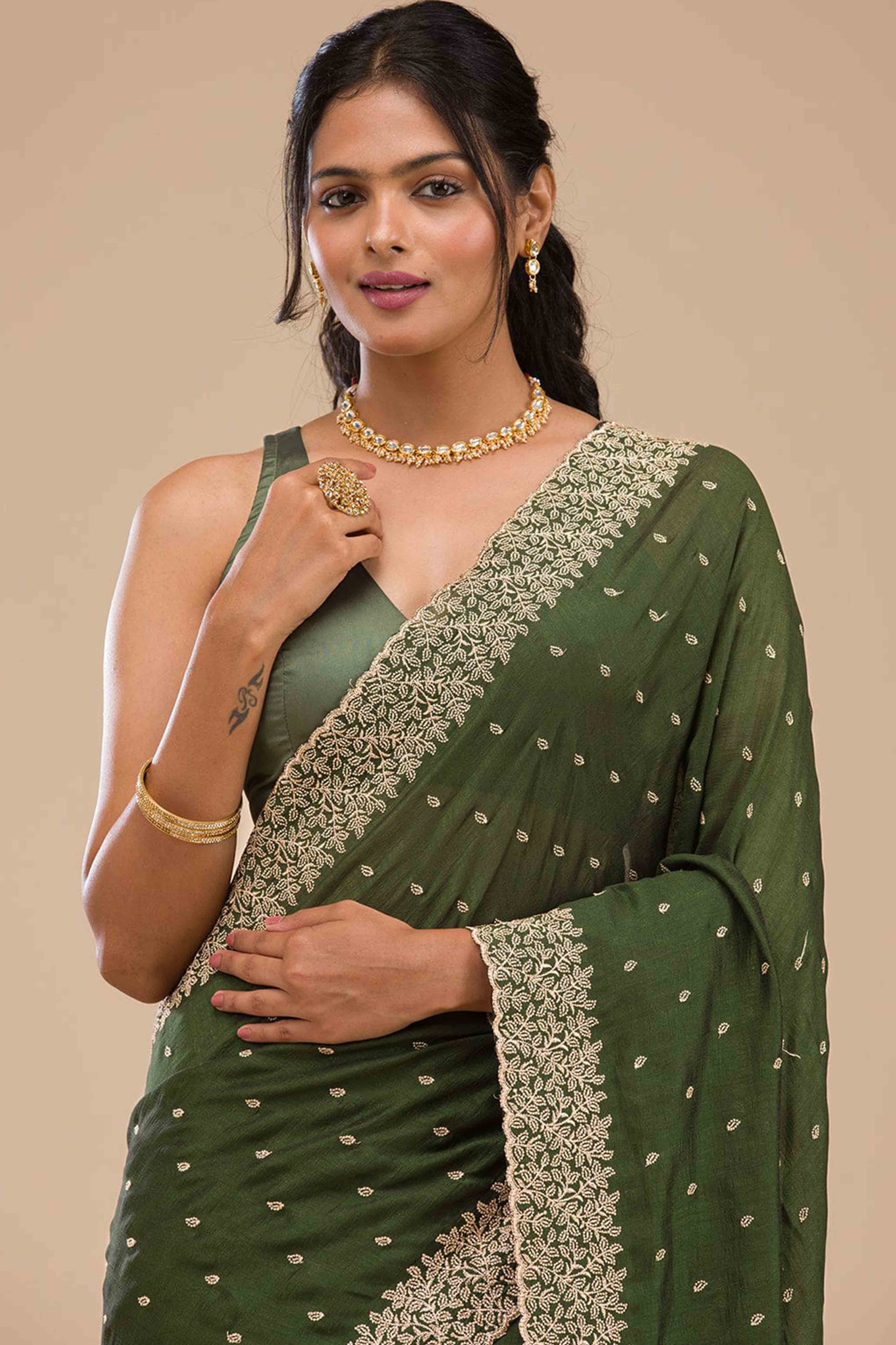 Sophisticated Green Saree in Vichitra Silk with All-Over Floral Embroidered