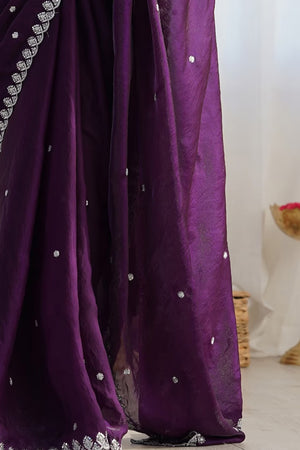 Stunning Dark Purple Organza Satin Silk Saree Adorned With Floral Sequin Zari Embroidery Work