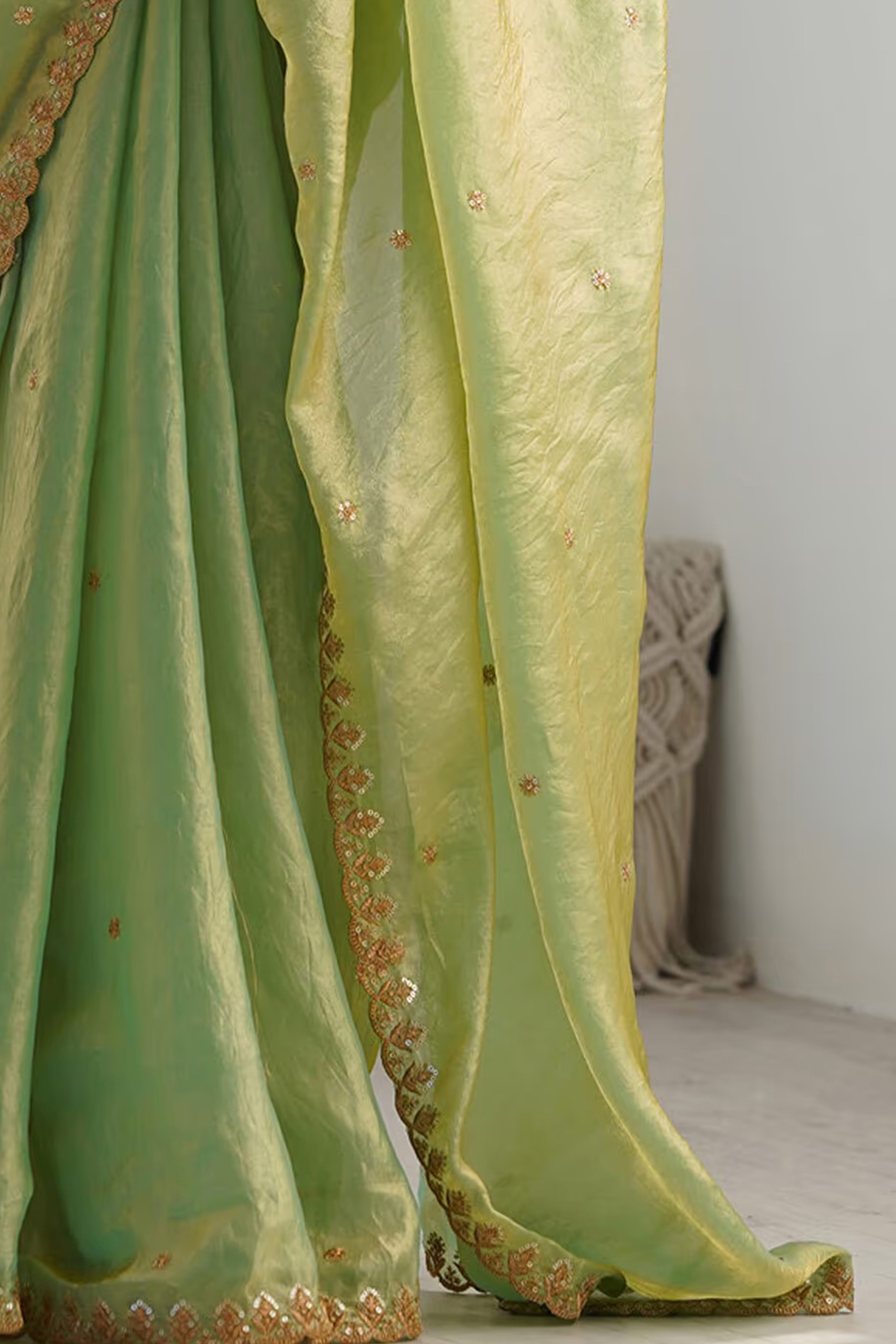 Stunning Green Organza Satin Silk Saree Adorned With Floral Sequin Zari Embroidery Work