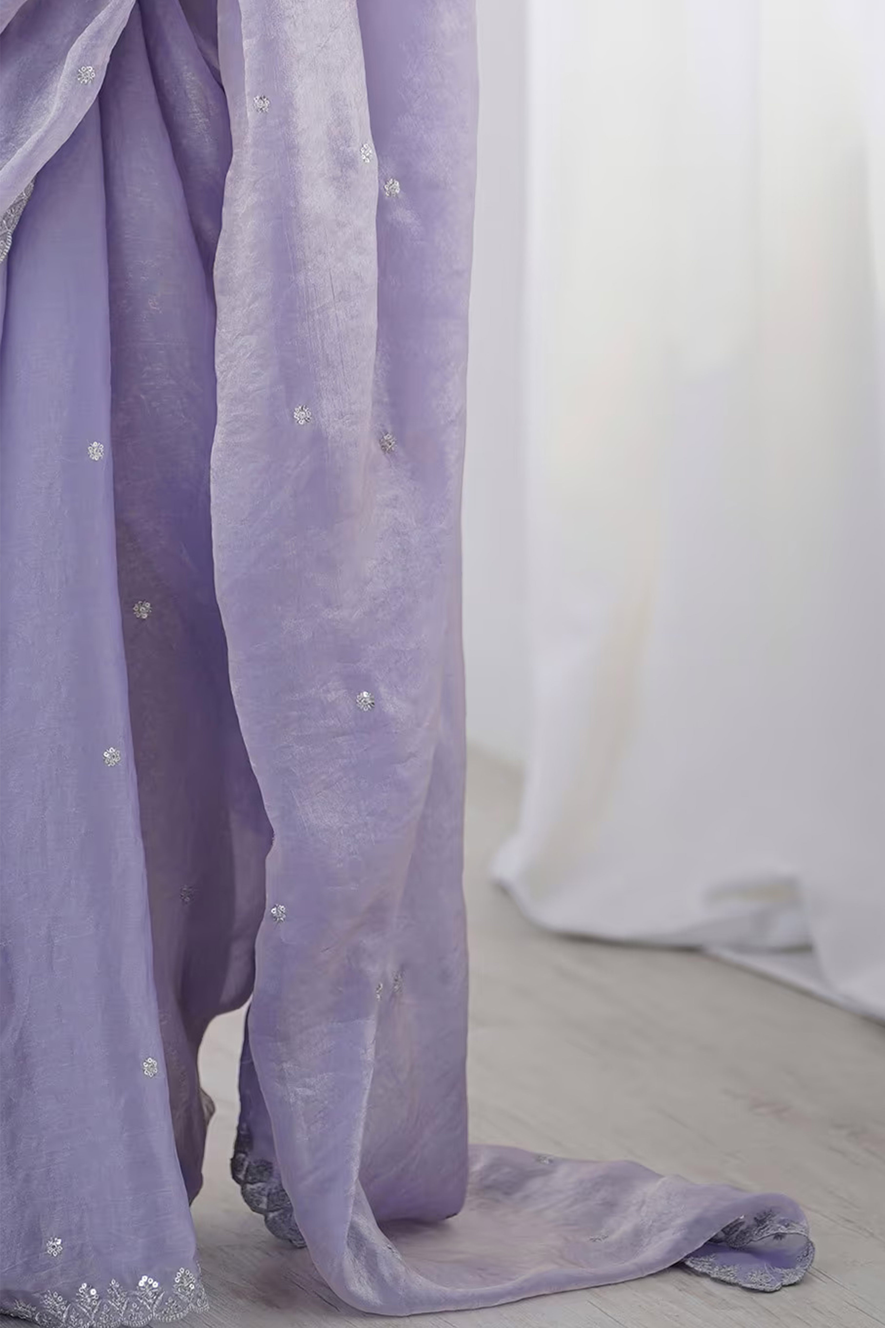 Stunning Lavender Organza Satin Silk Saree Adorned With Floral Sequin Zari Embroidery Work