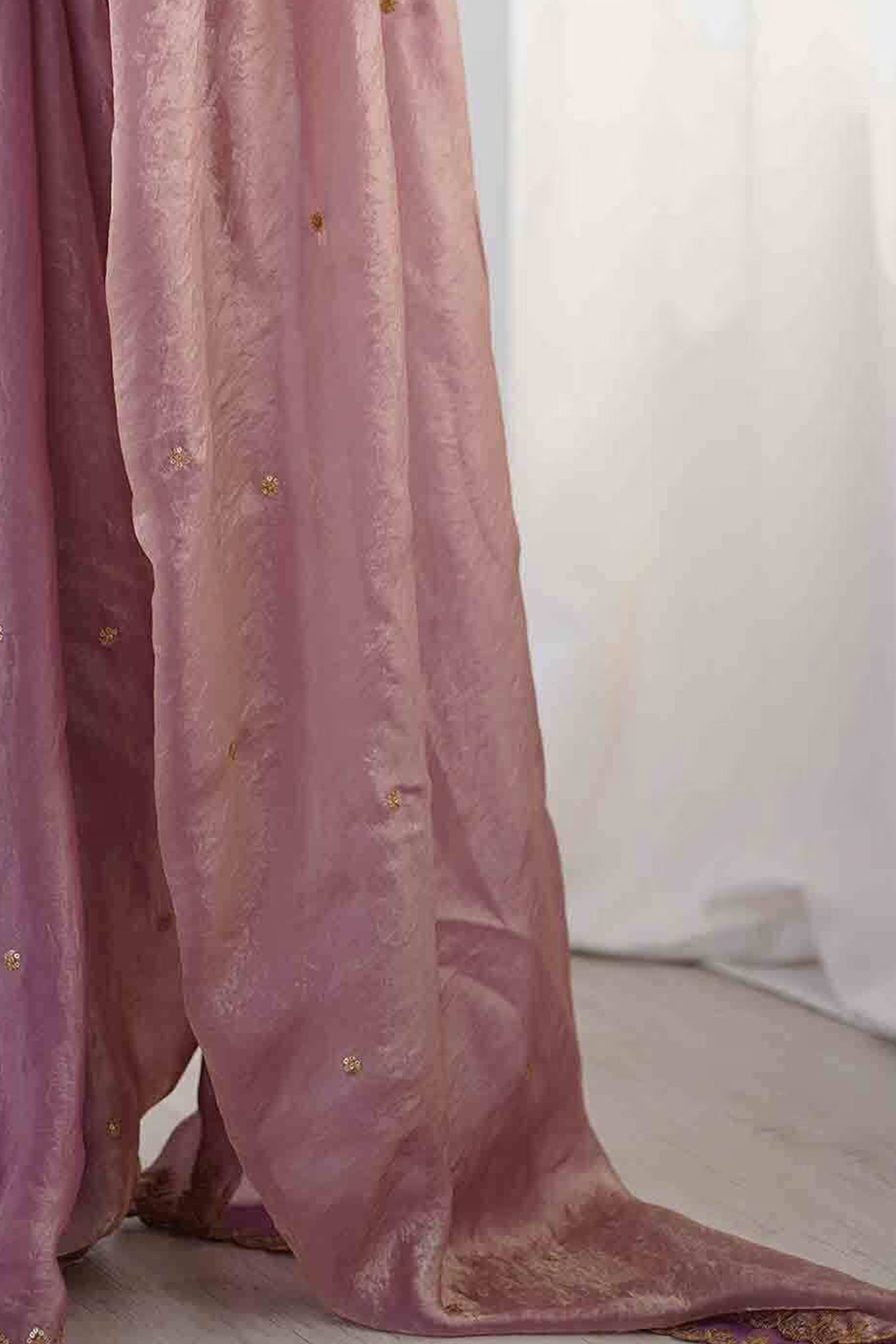 Stunning Mauve Organza Satin Silk Saree Adorned With Floral Sequin Zari Embroidery Work