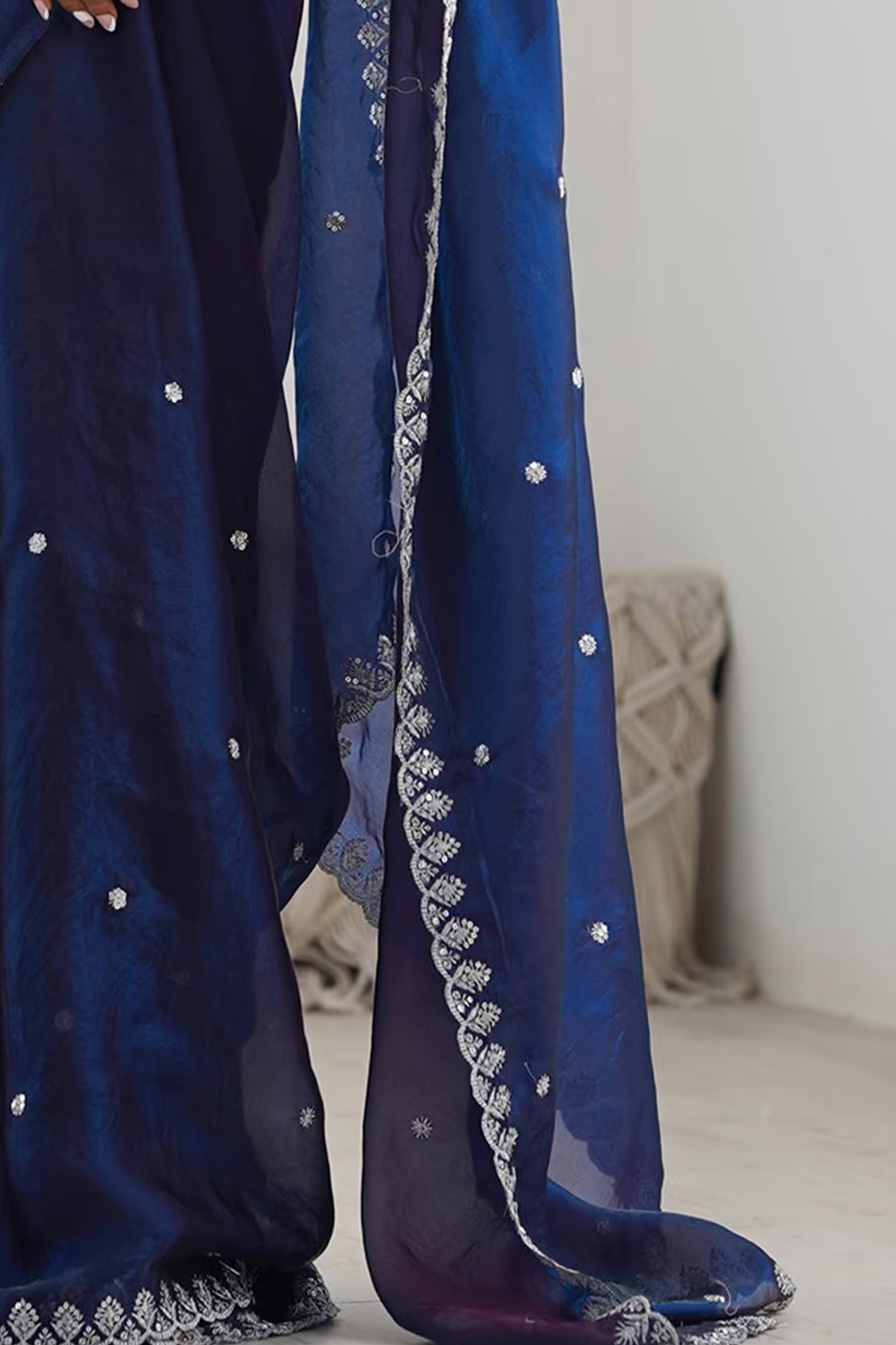 Stunning Navy Blue Organza Satin Silk Saree Adorned With Floral Sequin Zari Embroidery Work