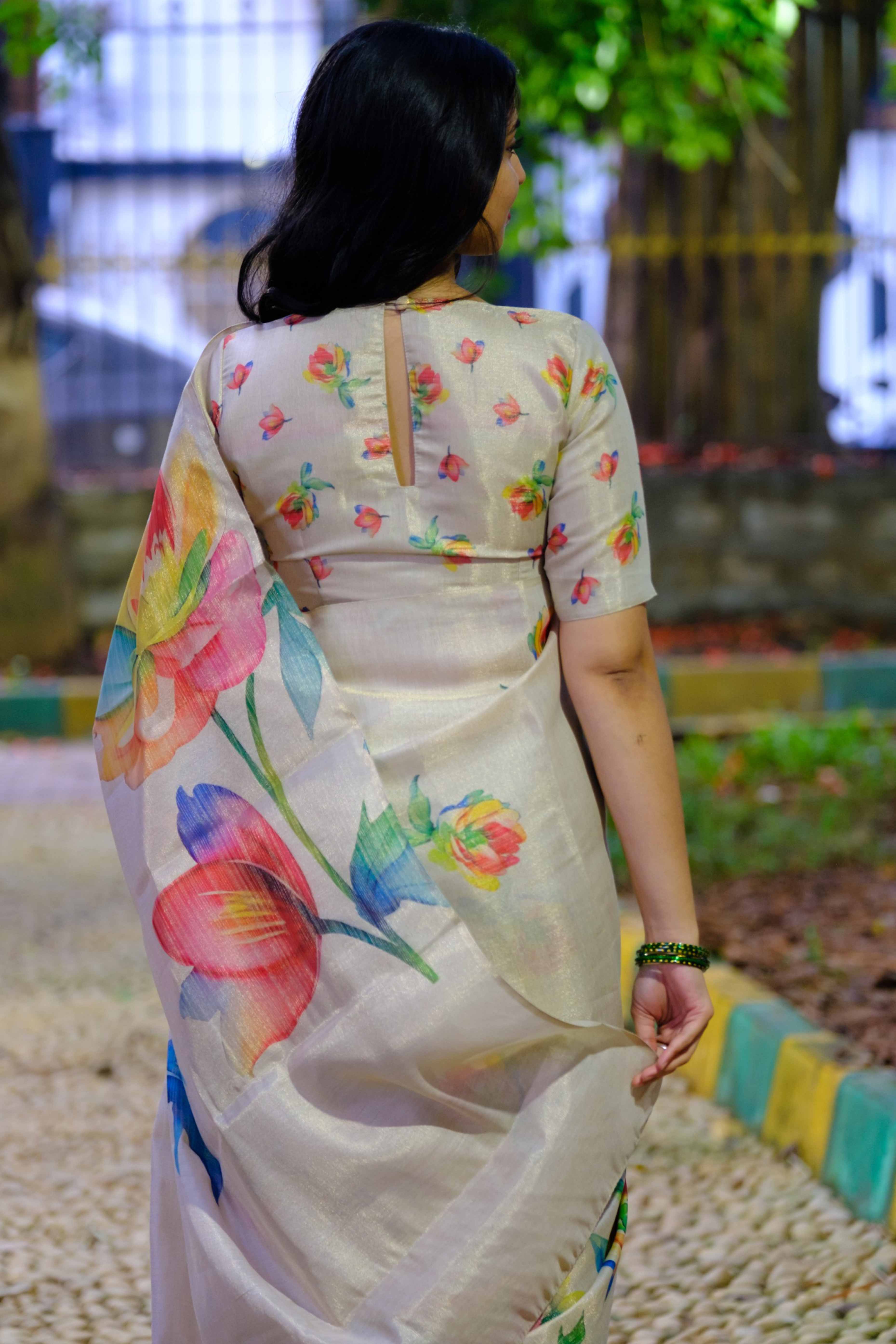 Beige Art Silk Saree Featuring Graceful Floral Motifs