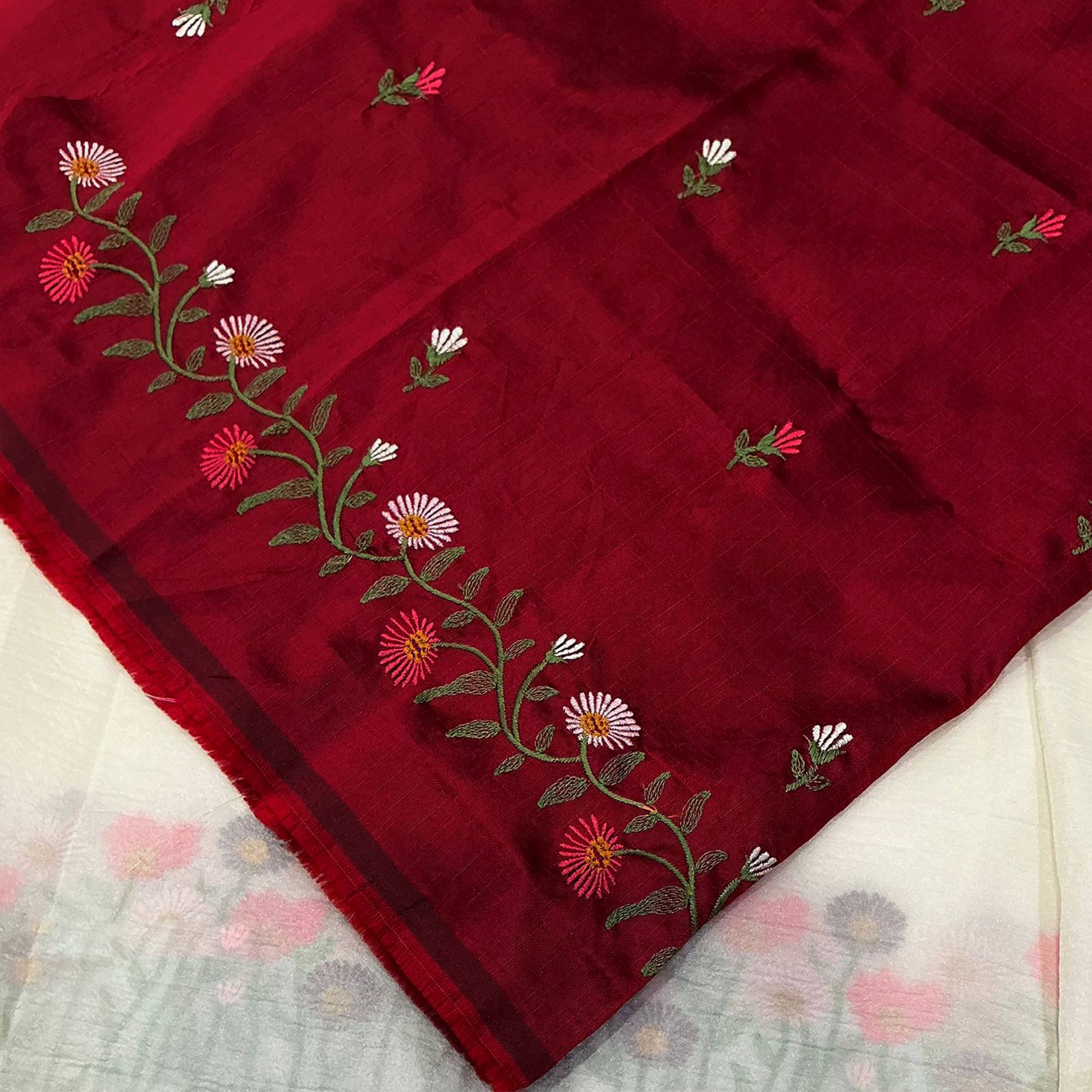 Vanilla White Lightweight Chiffon Saree Adorned with Floral Embroidery