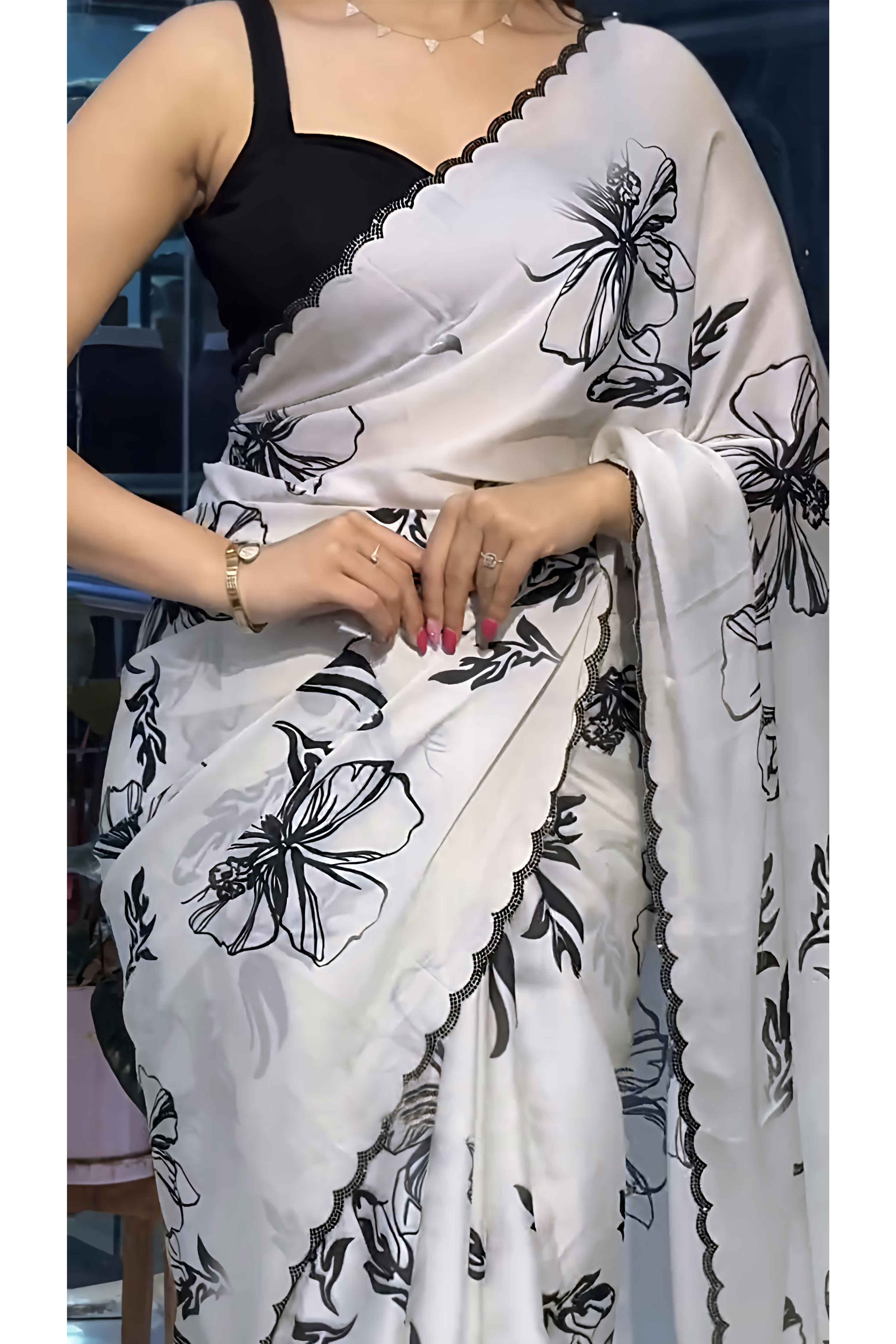 White Partywear Saree with Vibrant Floral Designs in Carbon Crepe