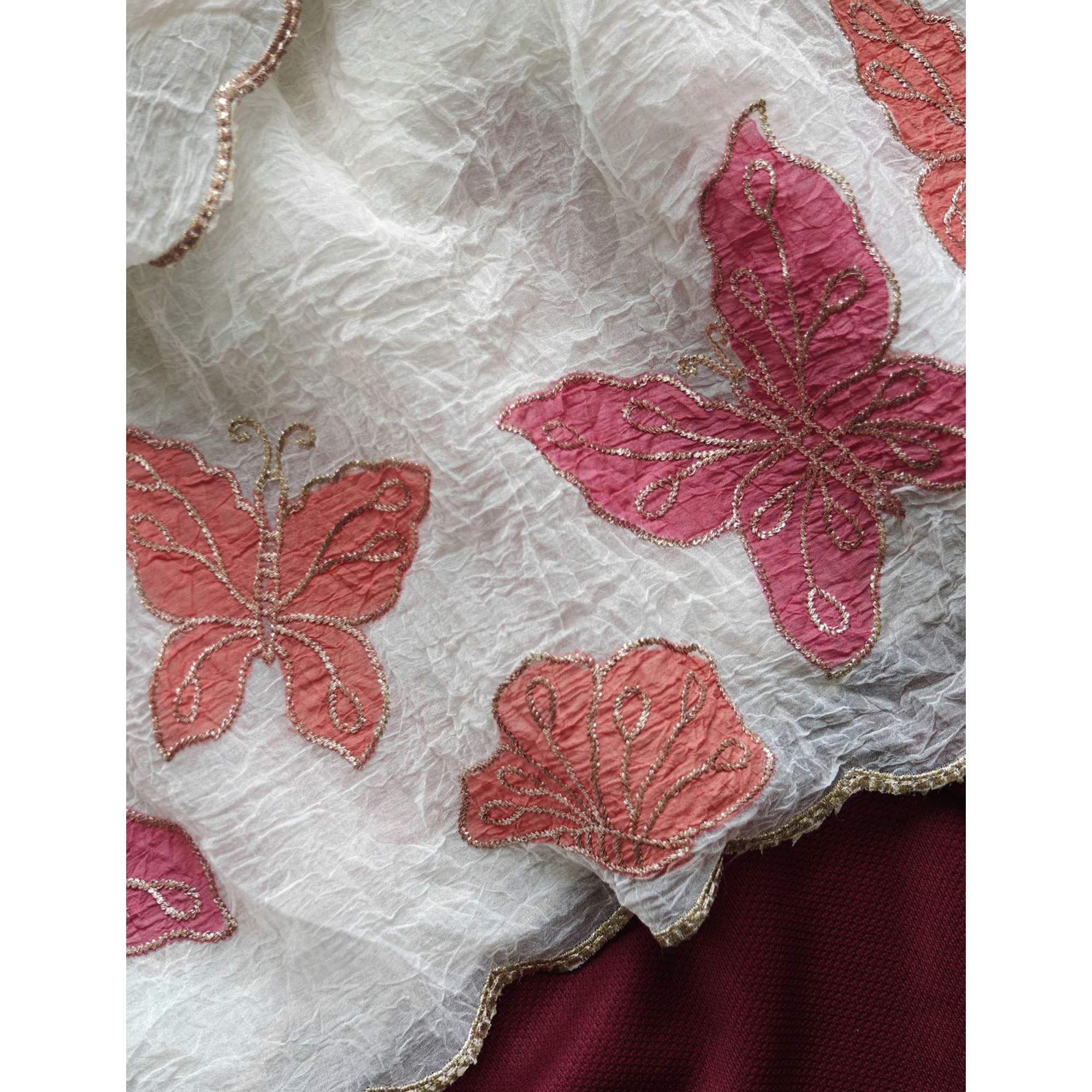 Off White Designer Chiffon Crush Saree Featuring Butterfly Embroidery