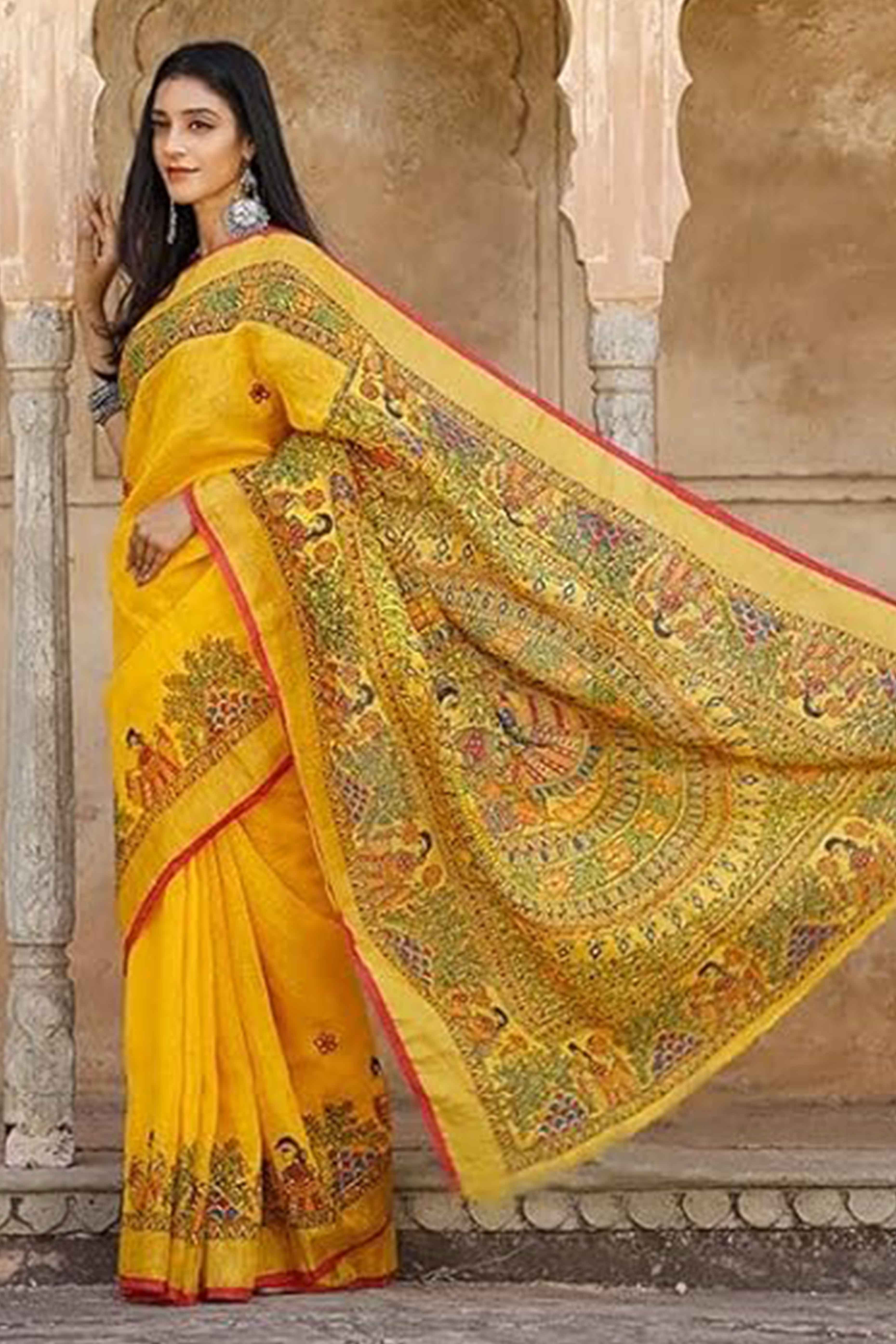Yellow Madhubani Motif Printed Linen Saree for Festive Wear