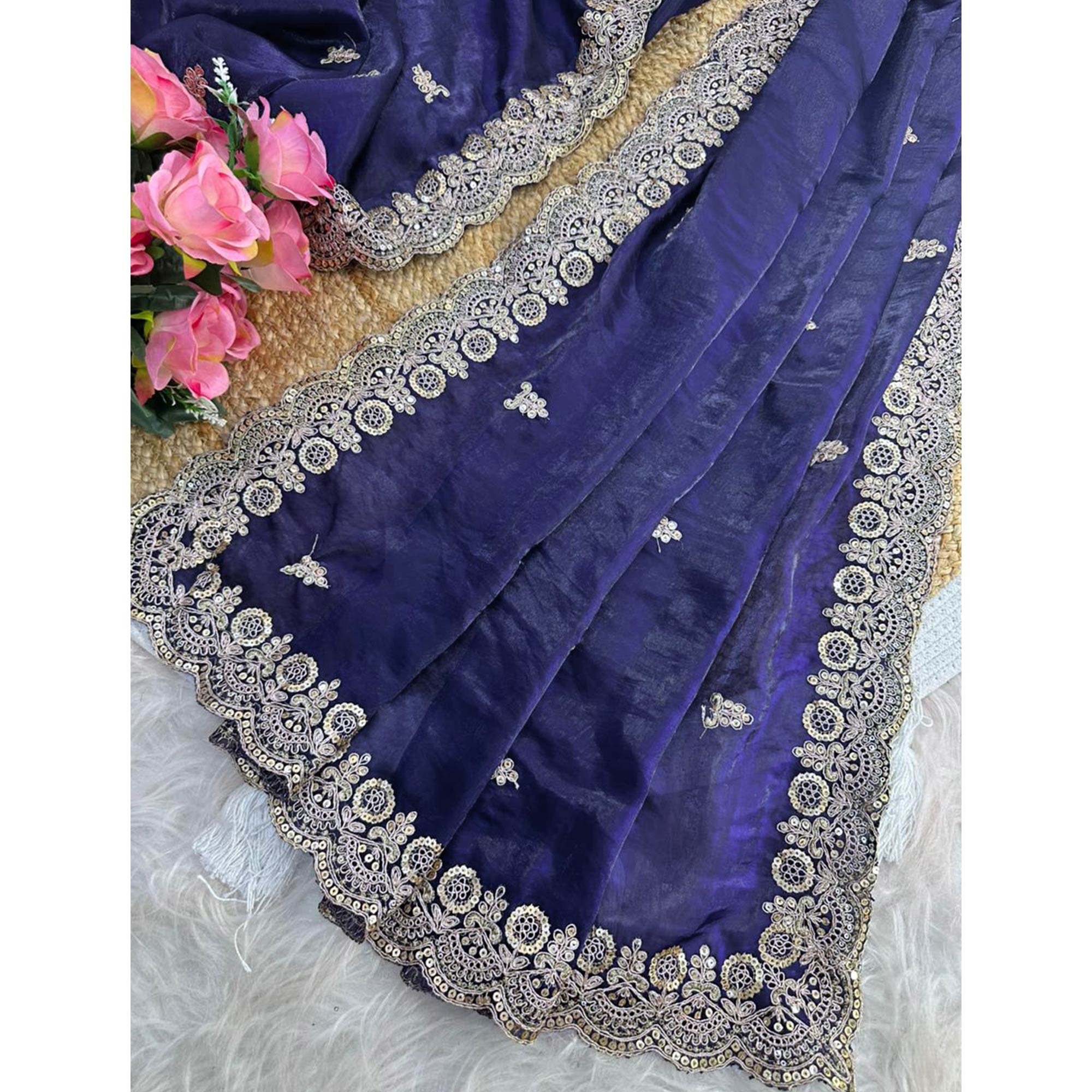 Trendy Dark Blue Fancy Satin Saree Enhanced with Rich Golden Embroidered Design