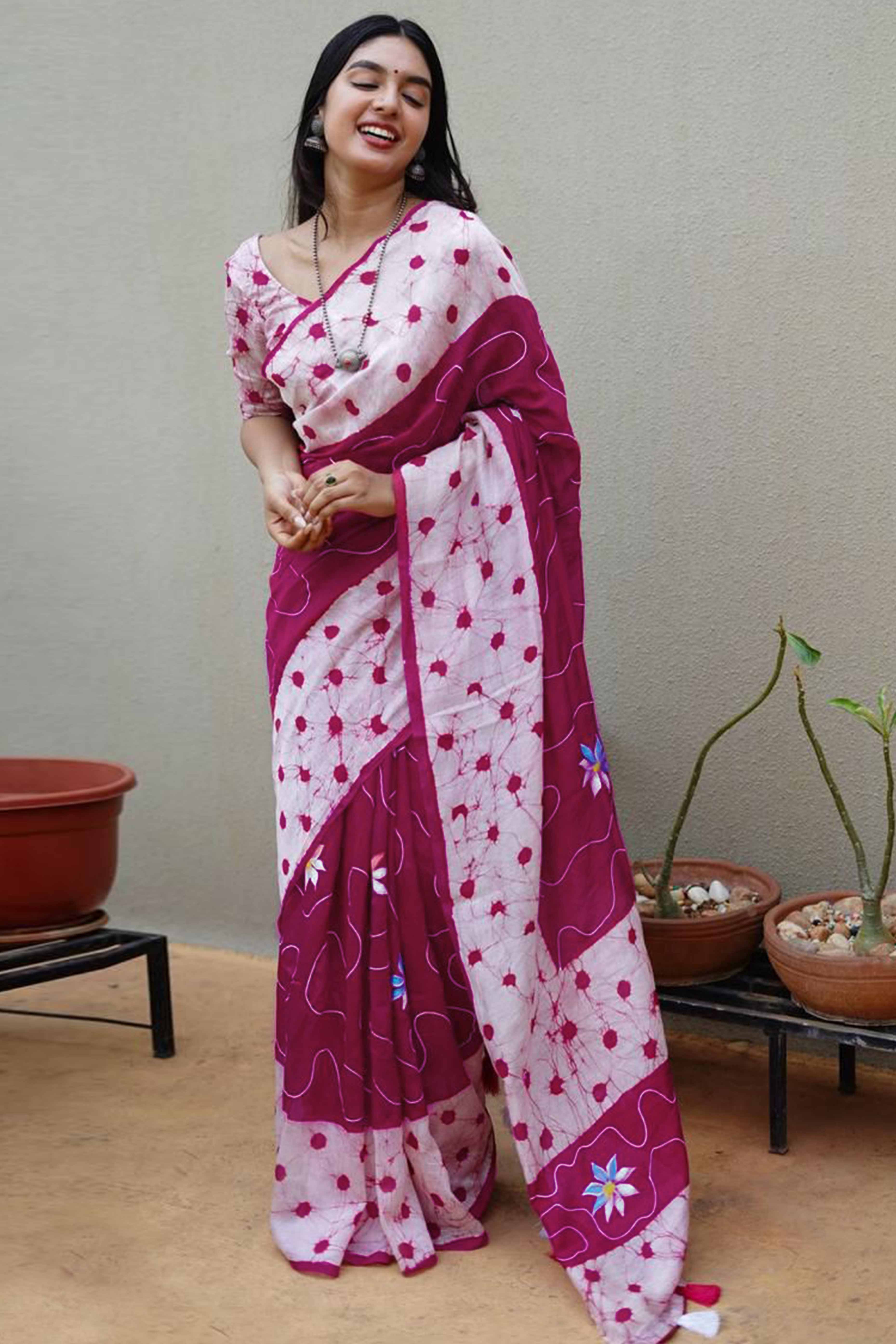 Pink Floral Handprinted Linen Saree for Graceful Ethnic Occasions