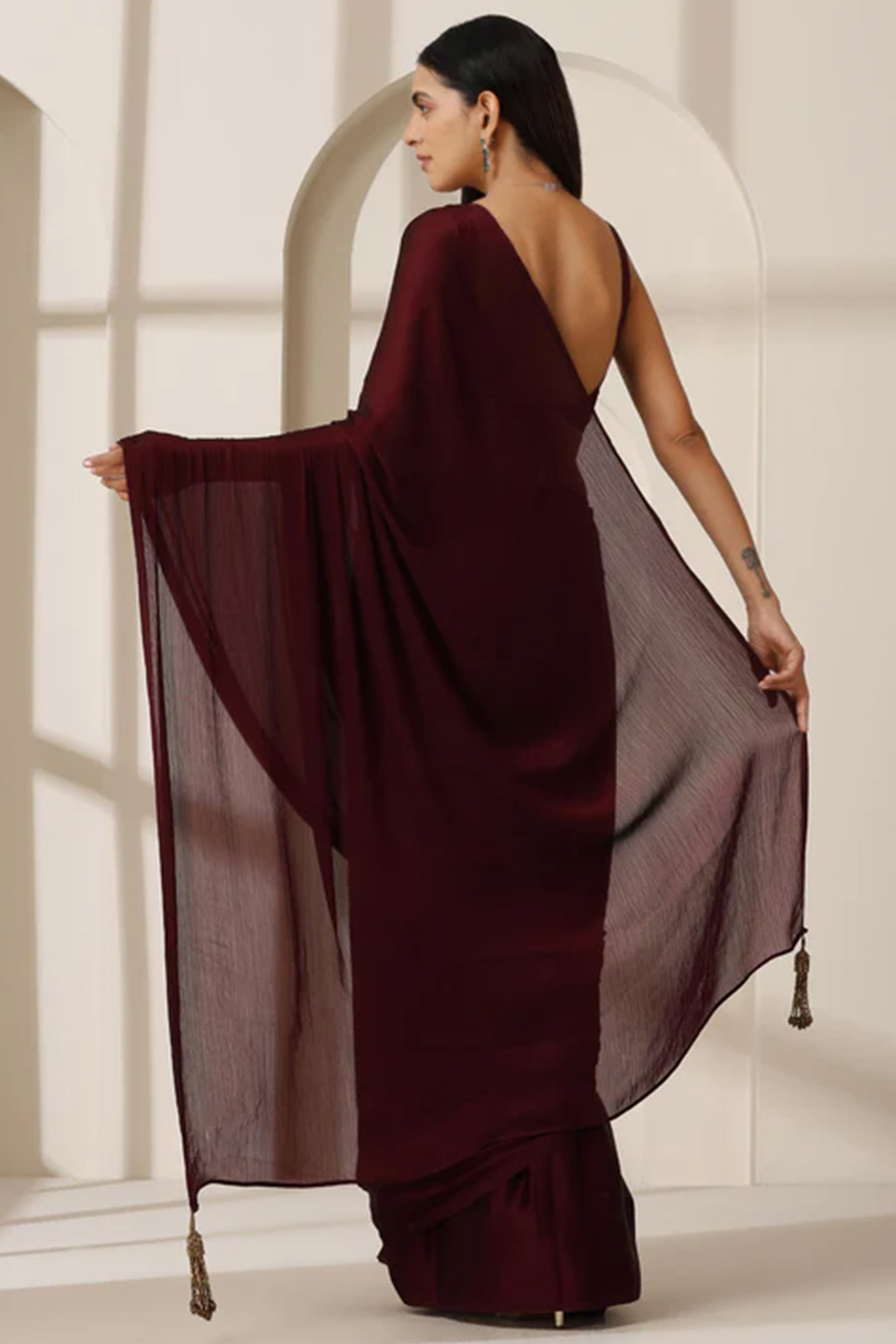 Elegant Maroon Solid Silk Blend Saree Crafted for Glamorous Party Wear