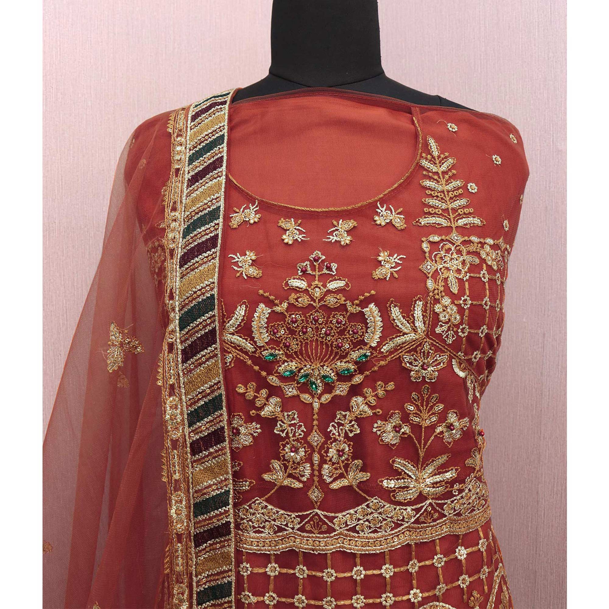 Rust Floral Embroidered Net Semi Stitched Pakistani Suit