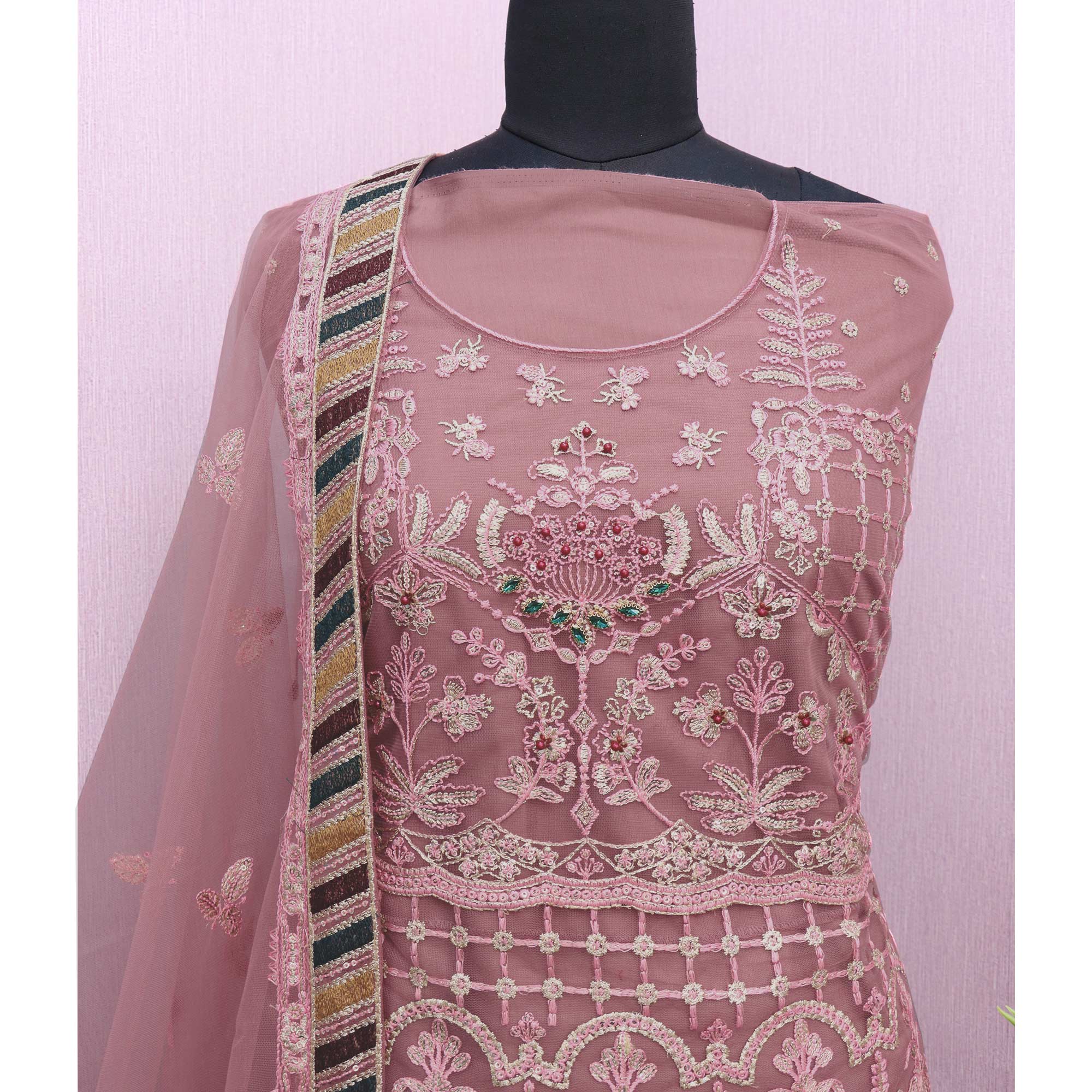 Light Mauve Floral Embroidered Net Semi Stitched Pakistani Suit
