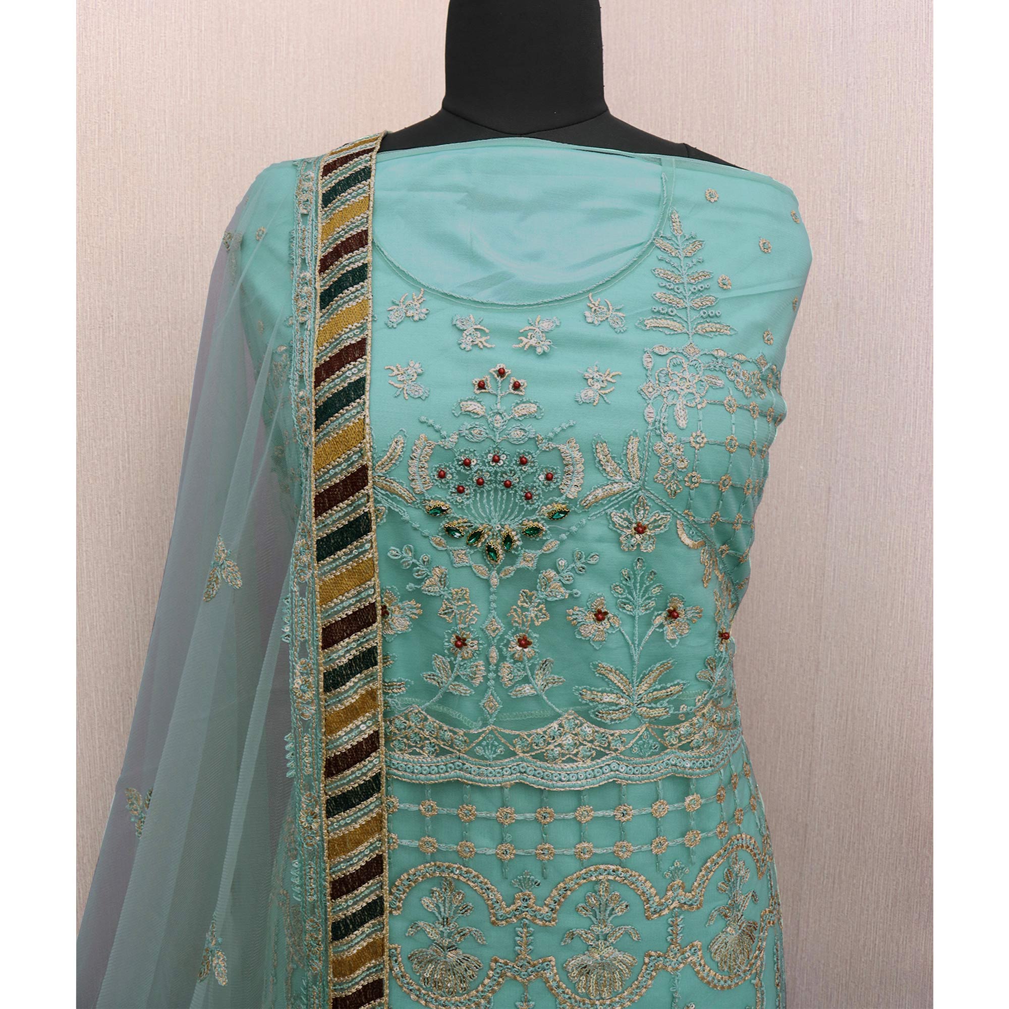 Turquoise Floral Embroidered Net Semi Stitched Pakistani Suit