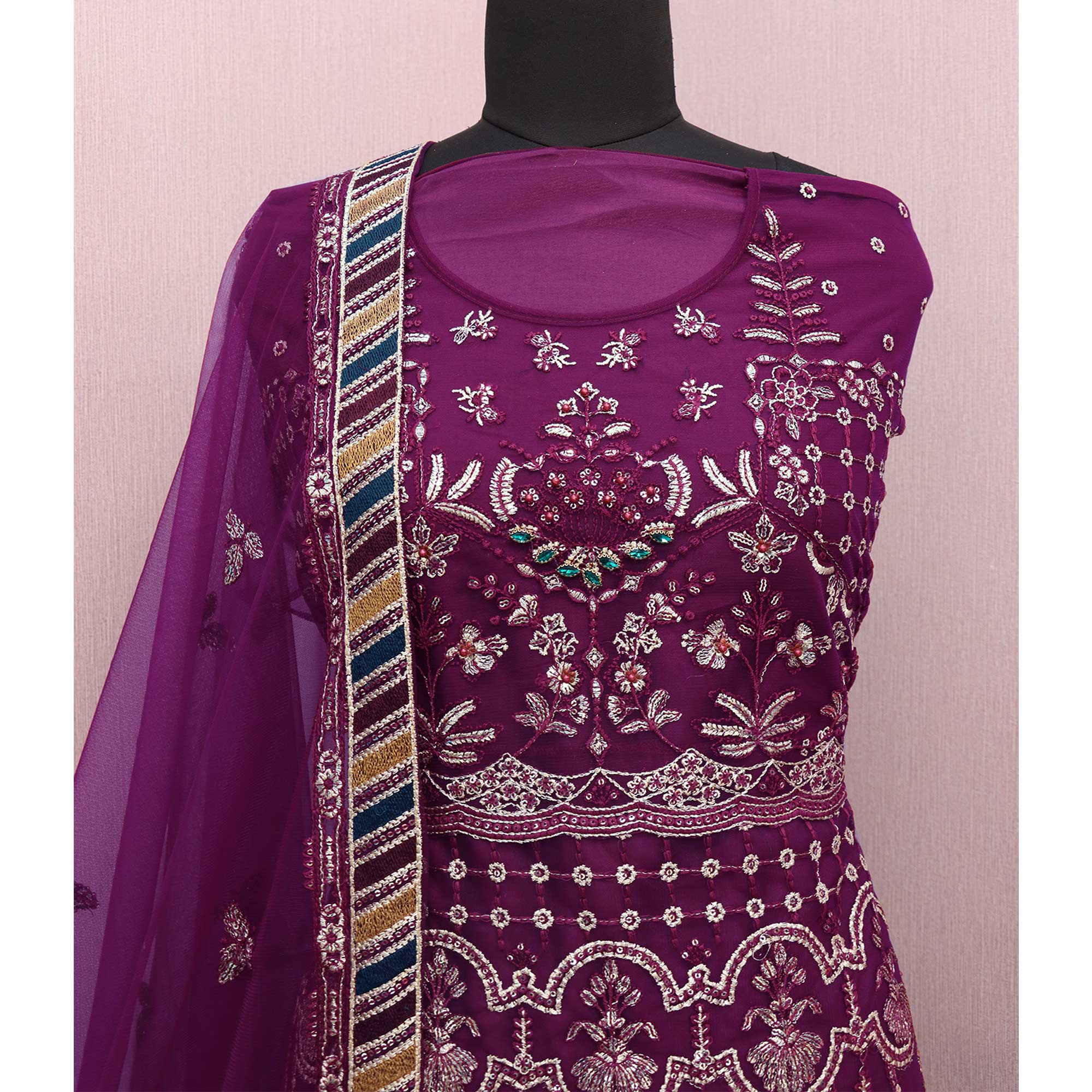 Purple Floral Embroidered Net Semi Stitched Pakistani Suit