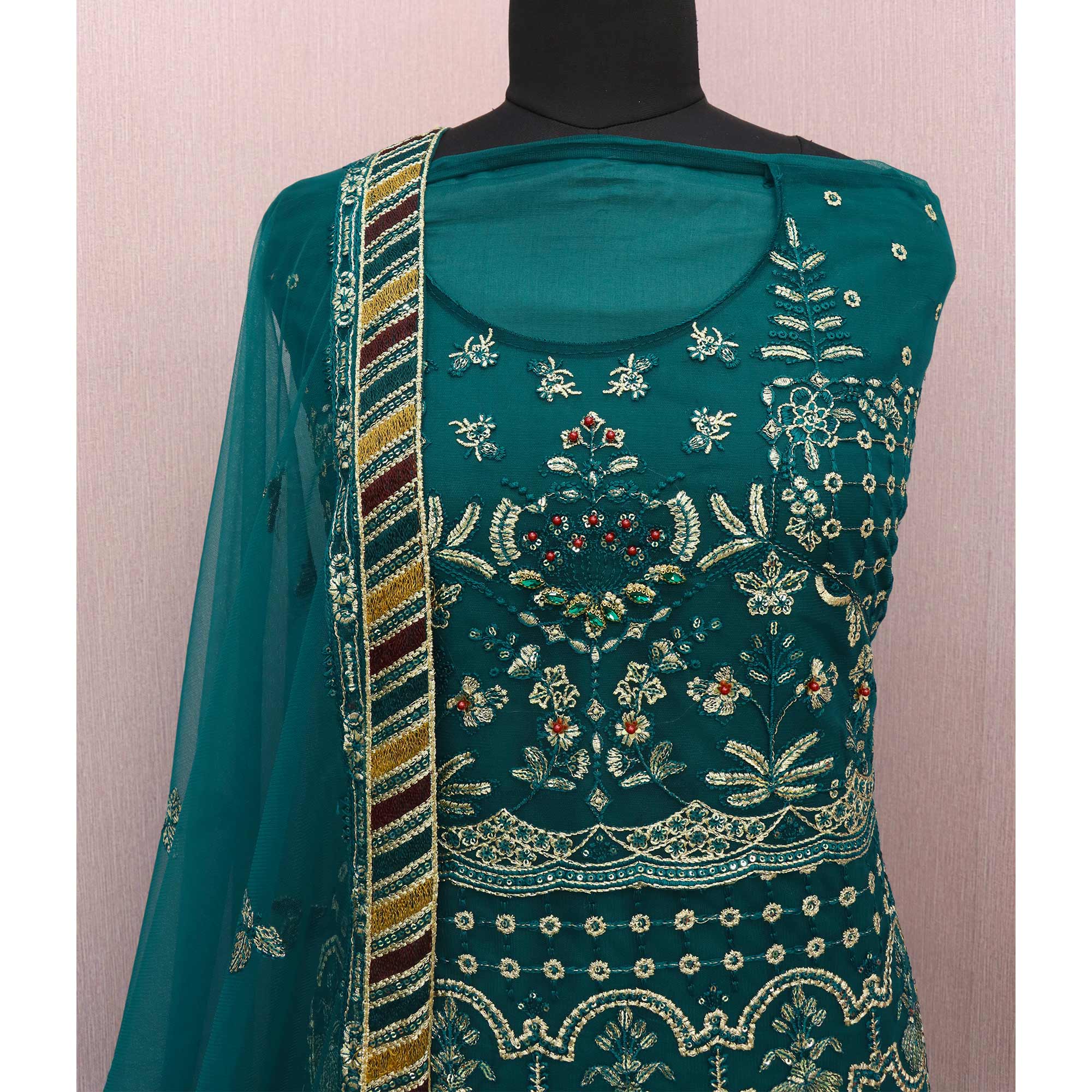 Teal Floral Embroidered Net Semi Stitched Pakistani Suit