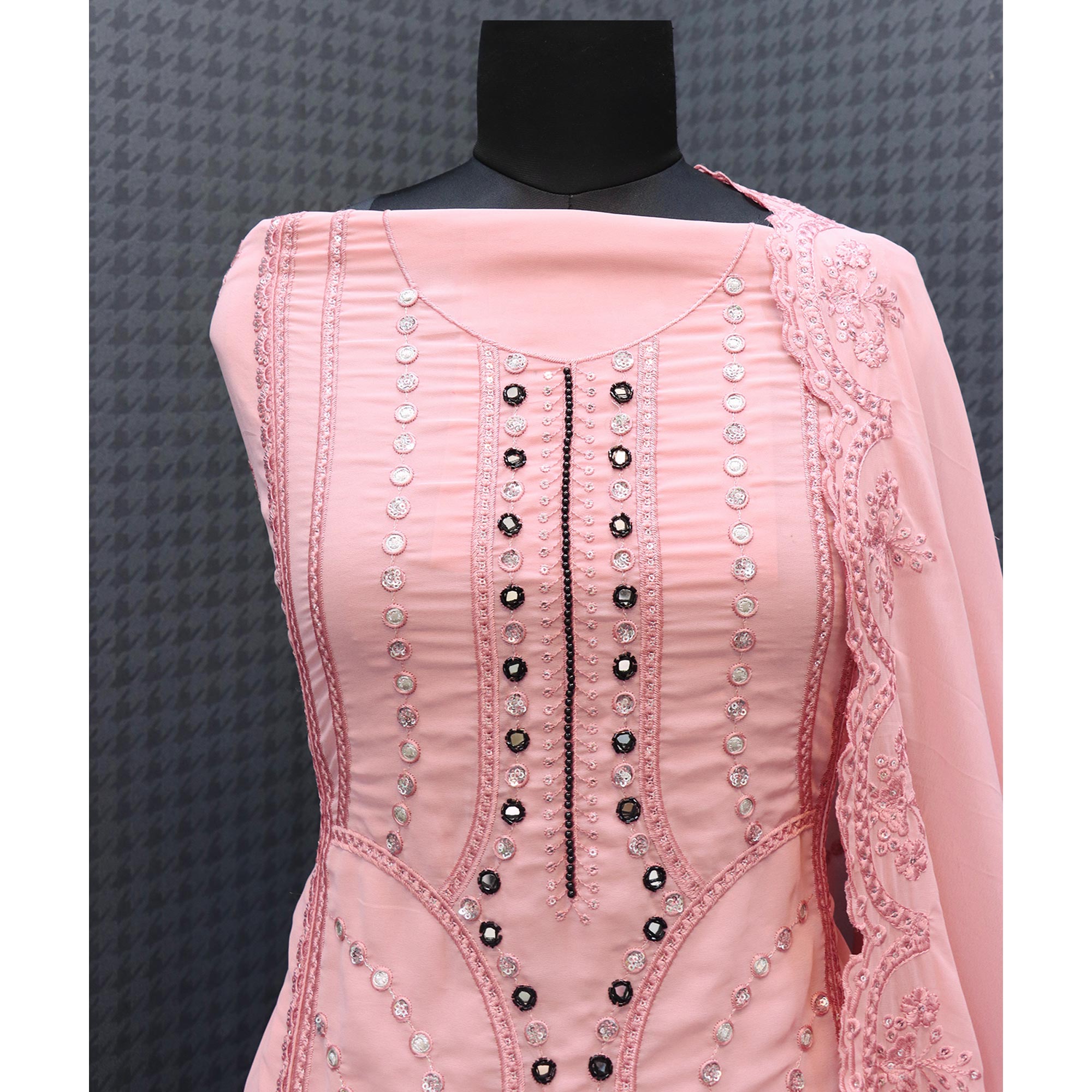 Pink Floral Embroidered Georgette Semi Stitched Pakistani Suit