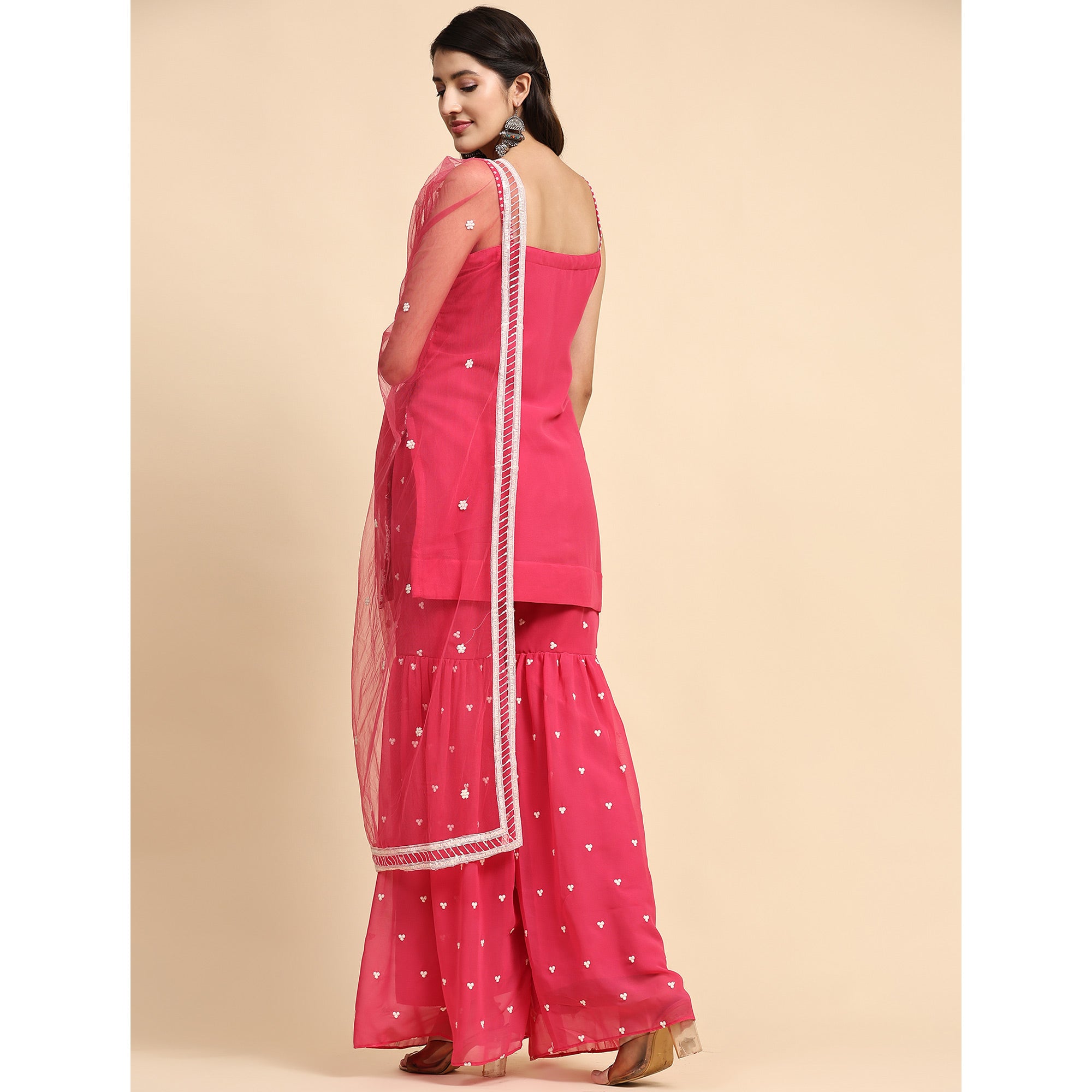 Pink Floral Sequins Embroidered Georgette Semi Stitched Suit