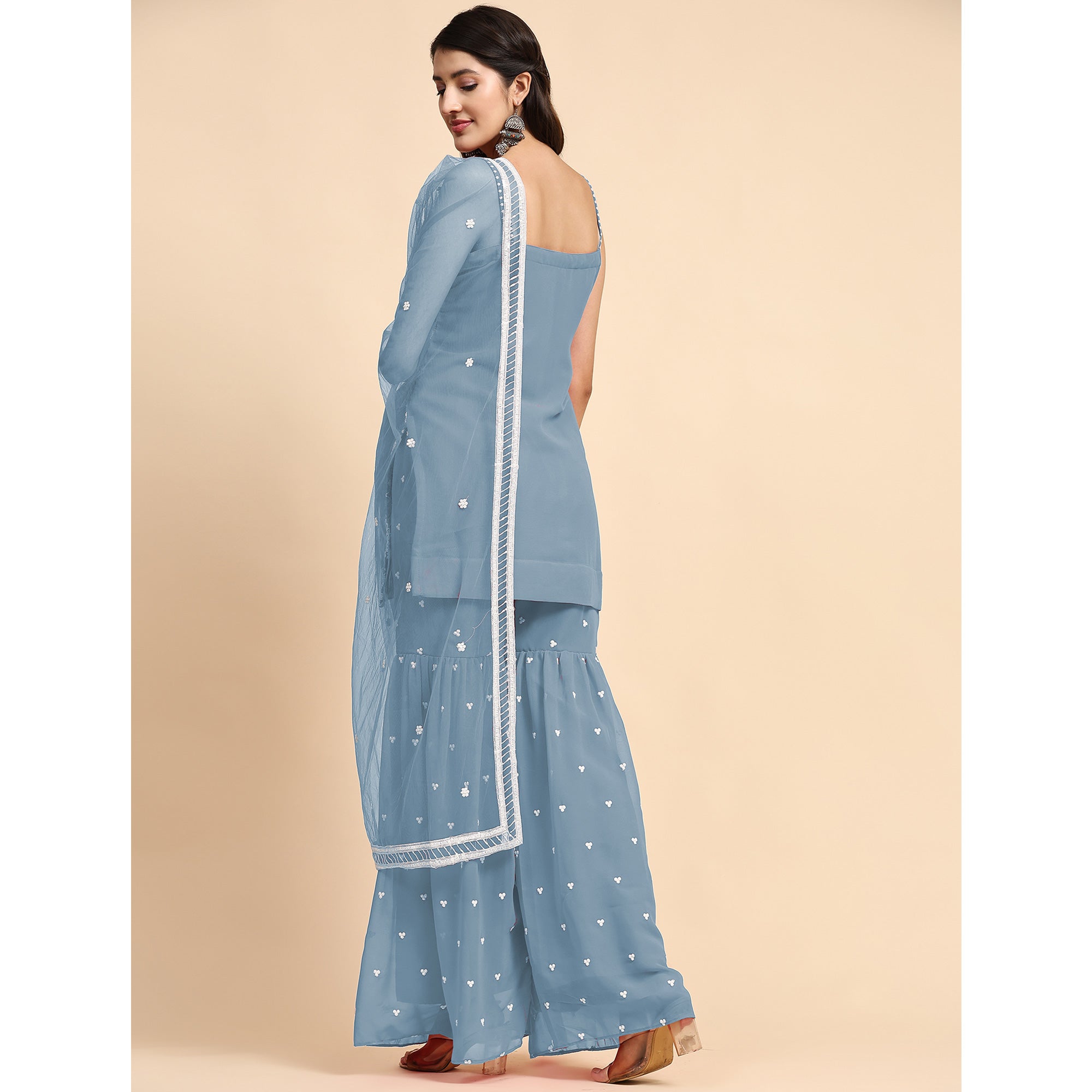 Sky Blue Floral Sequins Embroidered Georgette Semi Stitched Suit