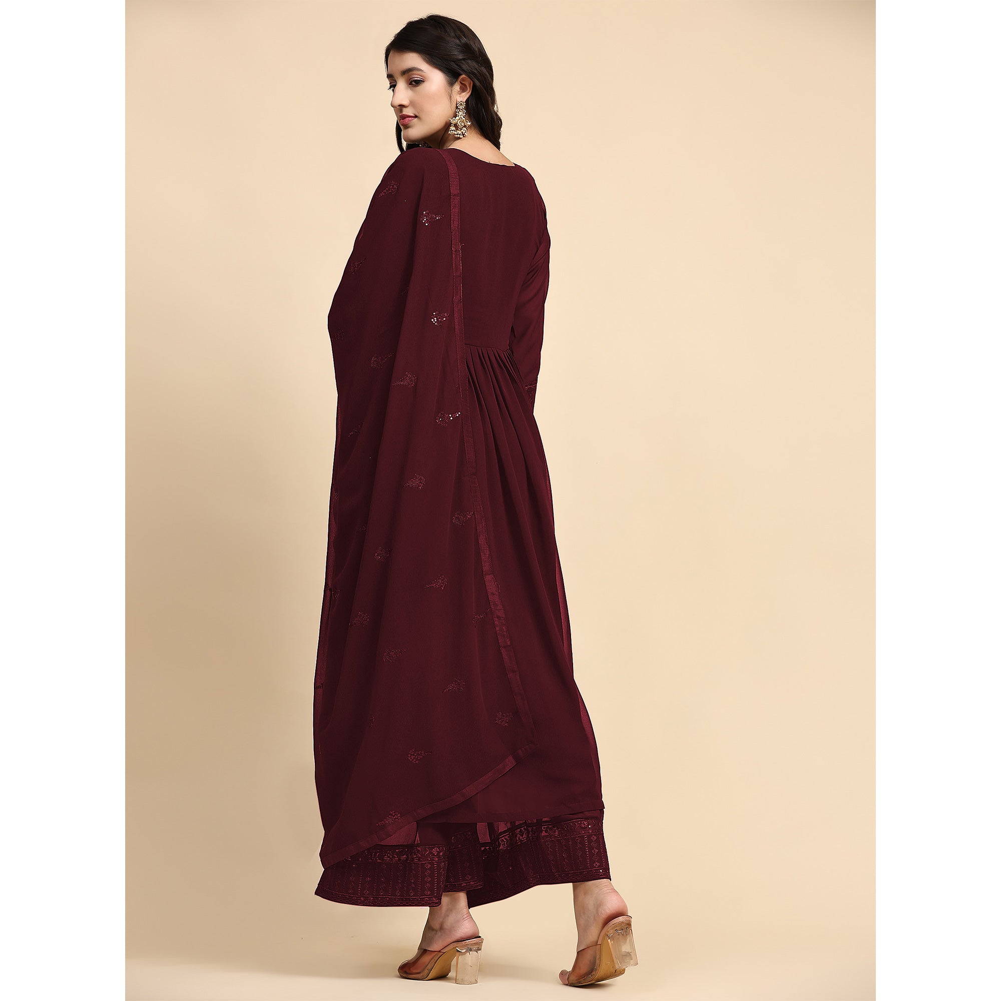 Maroon Sequins Embroidered Georgette Semi Stitched Suit